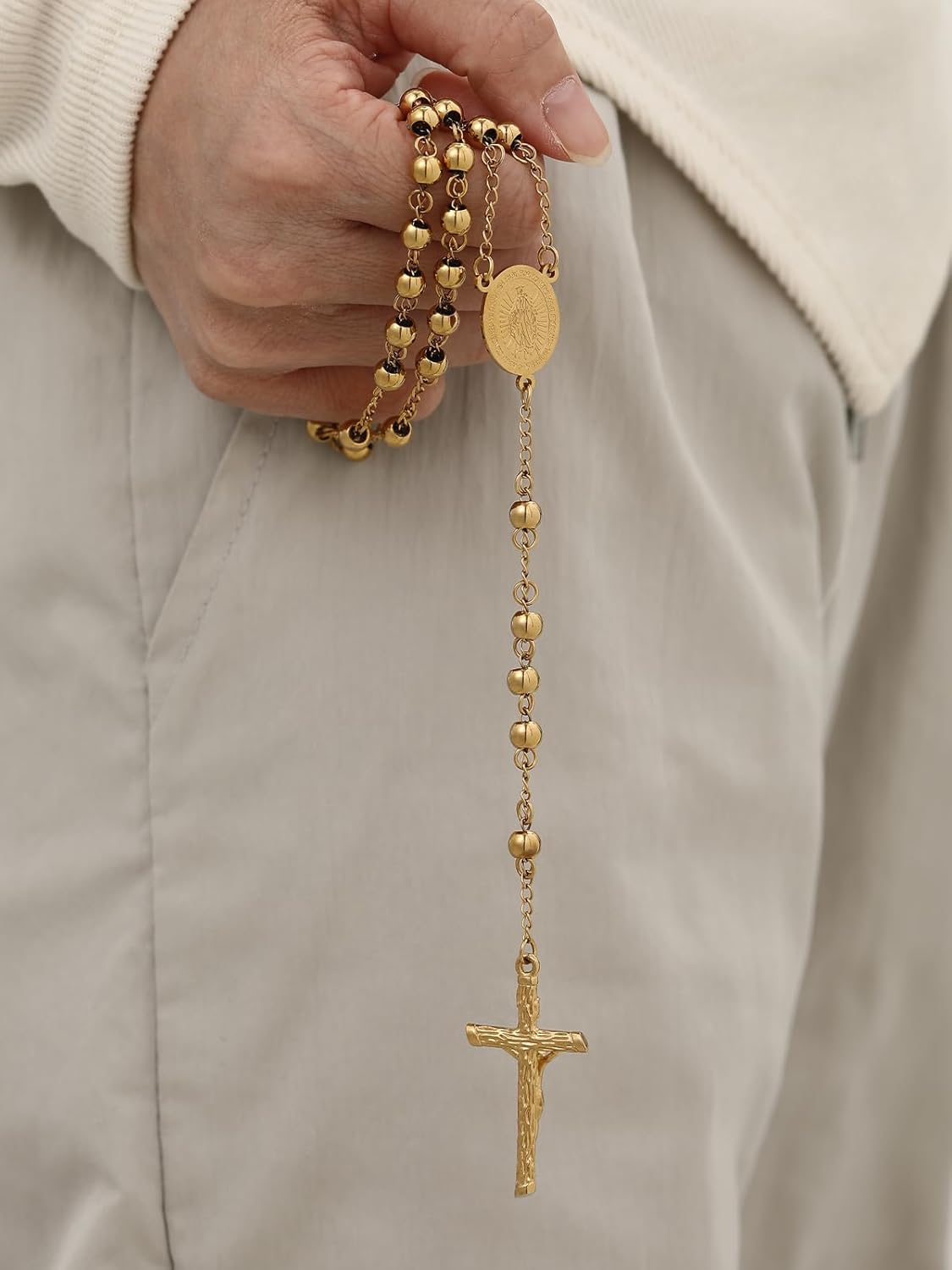 FOCALOOK Rosary Chain Necklace Virgin Mary Prayer Necklace with Crucifix/Jesus Cross Pendant Catholic Long Y Drop Chain Jewelry Gift for Women Men (with Rosary Box & Pray Card)
