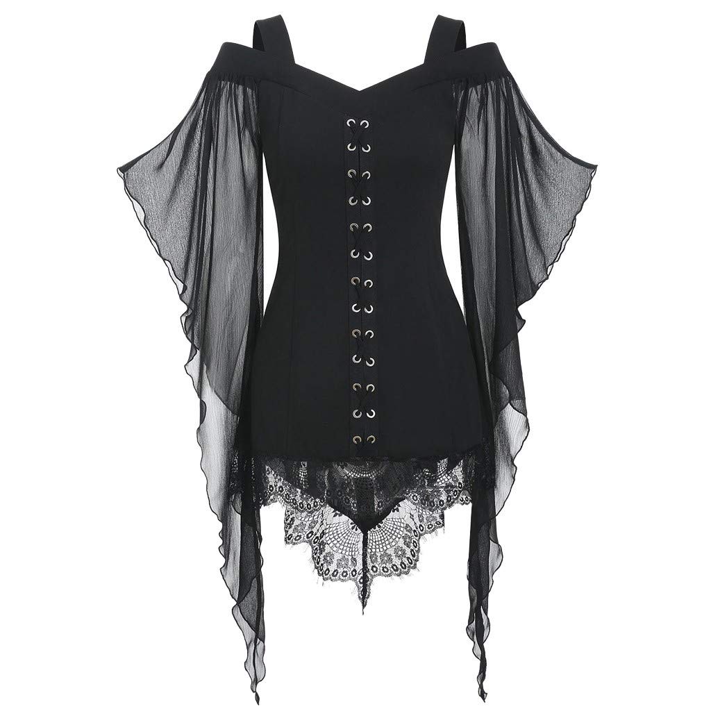 Halloween Kostüm Women Gothic Lace Insert Sleeve T-Shirt Plus Size Tops (Black, XXL)