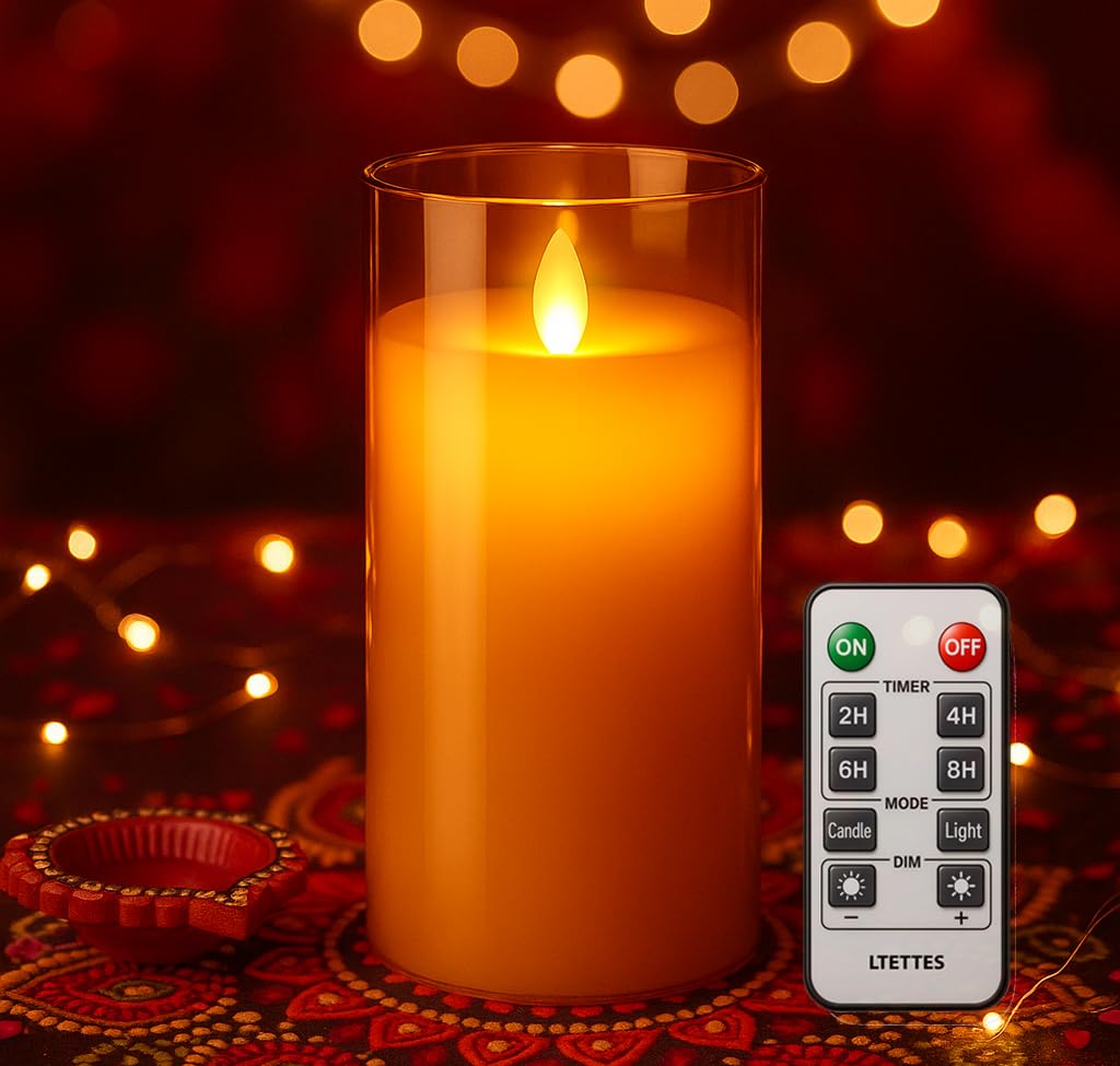 LTETTES Flameless LED Candles AA Battery Powered with Gold Acrylic Glass with Remote Controller and Timer for Home Festival Wedding Decor (3" D x 6" H) Pack of 1
