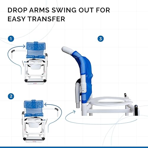 Miniatura 4 de Silla de ducha con ruedas con brazos caídos, asiento de malla, ruedas de bloqueo, cinturón de seguridad, reposapiés deslizante y cubeta para cómoda.