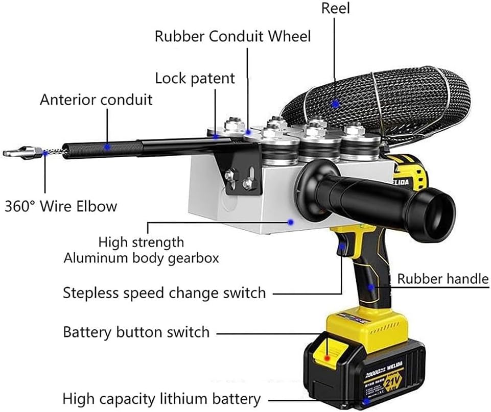 Electrical Fish Tape Puller Through Wall, Electrician Wire Threader, Electrical Fishing Tape Unclogger, Electrical Wire Cable Pulling Fish Tape Machine(10 Section 2 Batteries)