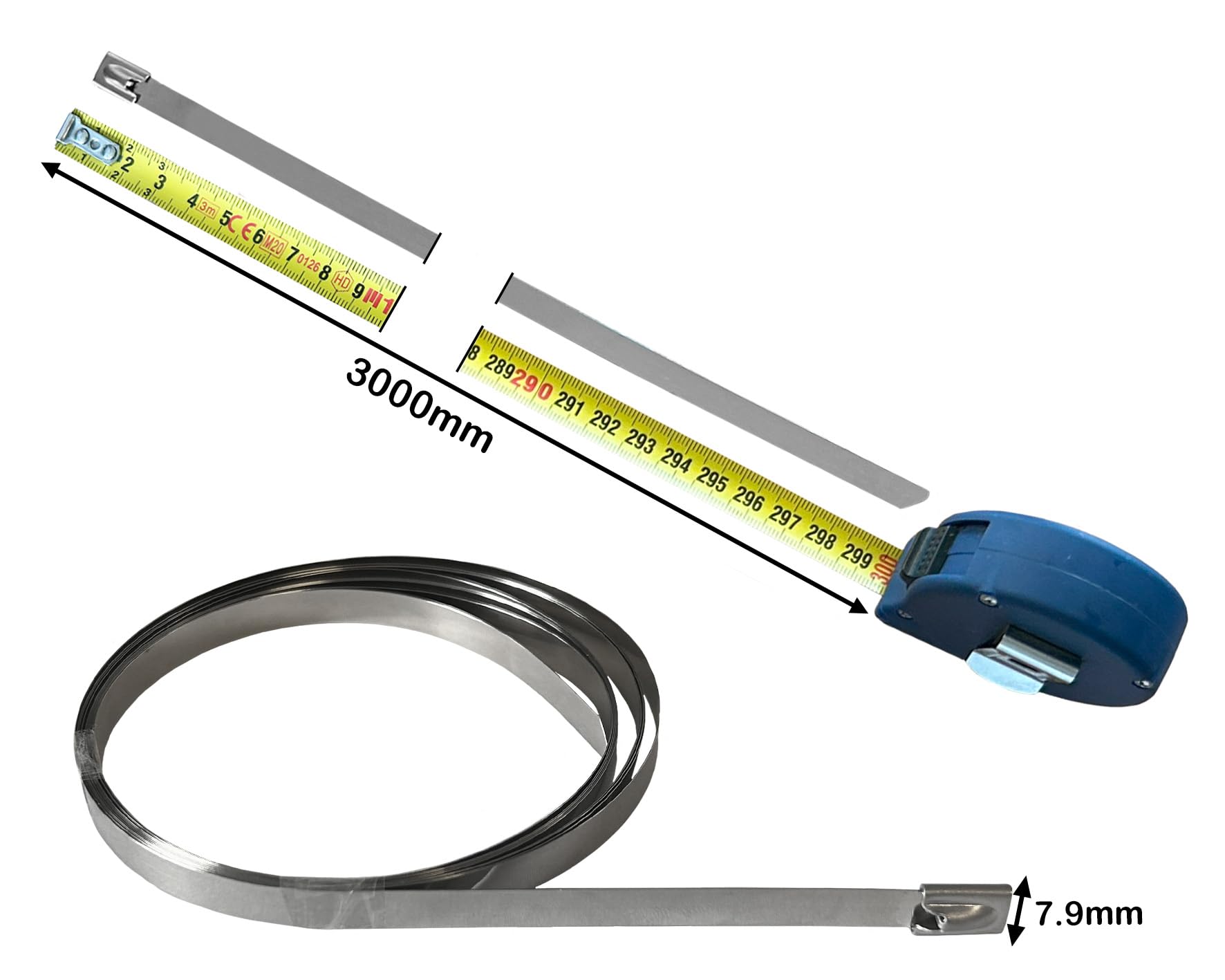 Fascette per cavi in acciaio inox, 3000 mm x 7,9 mm, argento metallizzato, confezione da 25 pezzi, chiusura a sfera autobloccante