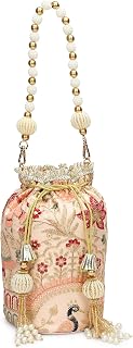 LONGING TO BUY Embroidered Potli Bag with Beaded Handle, Floral Peacock Design, Drawstring Wristlet with Tassel Accents