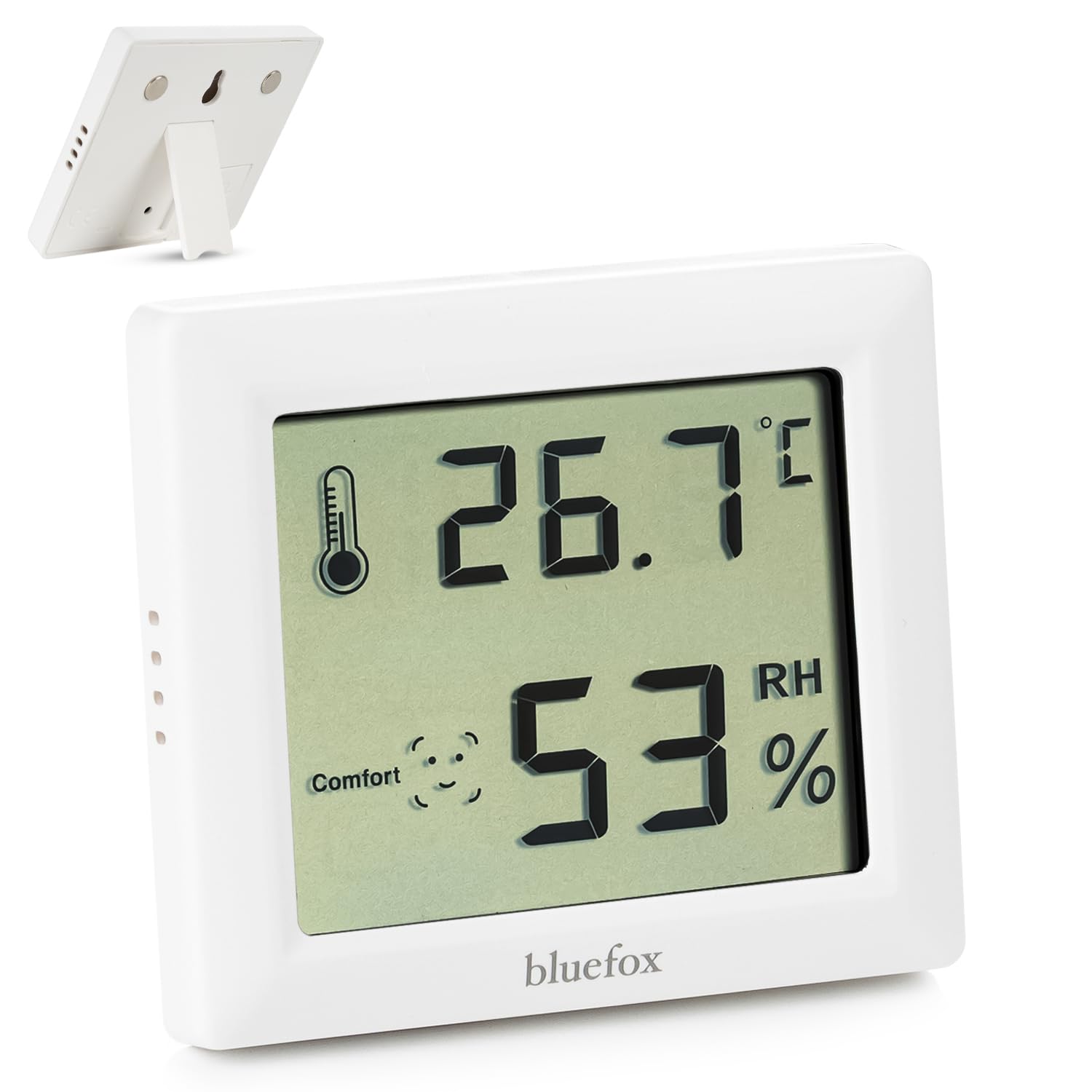 Bluefox Digital Room Thermometer and Humidity Meter – with LCD Screen, Compact Hygrometer, Indoor Temperature and Humidity Tracking, Magnet & Foot & Wall Mounted Use – Suitable for Kitchen, Baby Room, Office, Greenhouse