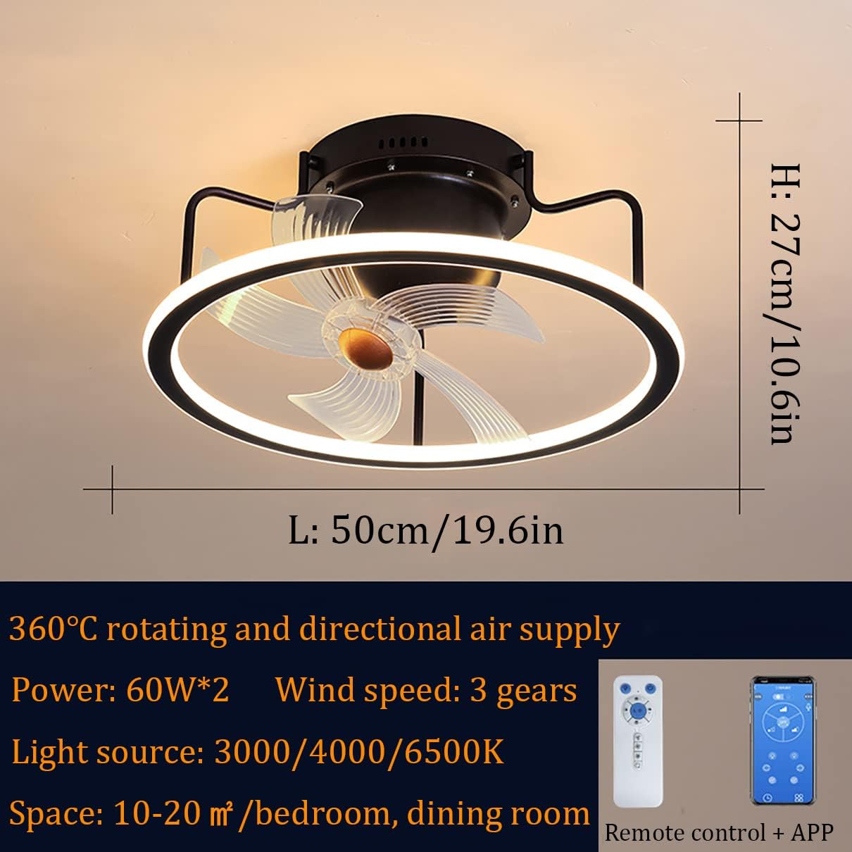 YUEGOO Ceiling Fans with Lamps,50Cm Ceiling Fan with Lighting, Led Dimmable Ceiling Fan Lights 360° Shaking Head Mute Fan Ceiling Lamp for Living Room Bedroom Dining Room/Black