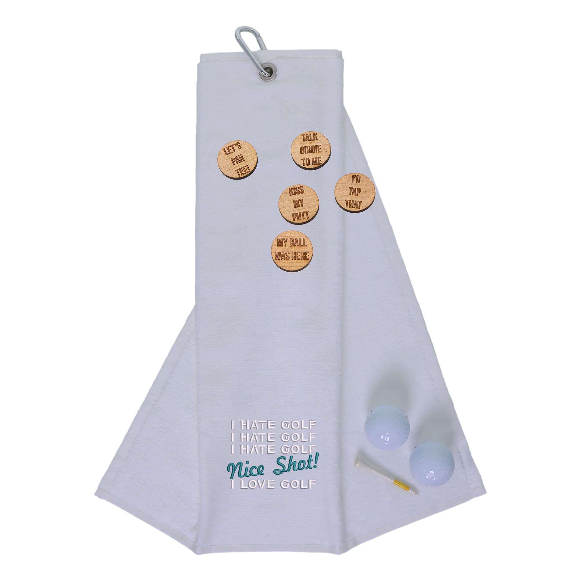 Funny Trifold Golf Towel and Comedy Wooden Ball Marker Set Gift for Men, Carabiner Clip for Golf Bags, Nice Shot, White
