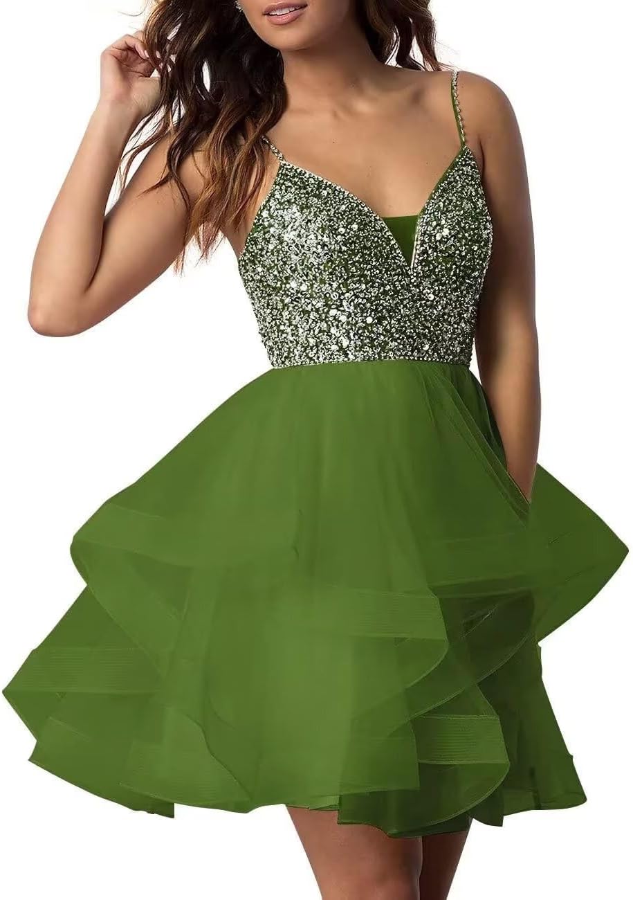 Spaghetti Strap Tulle Homecoming Dresses Sparkly V-Neck Sequin Prom Dress Short Empire Waist A-Line Cocktail Party Gown