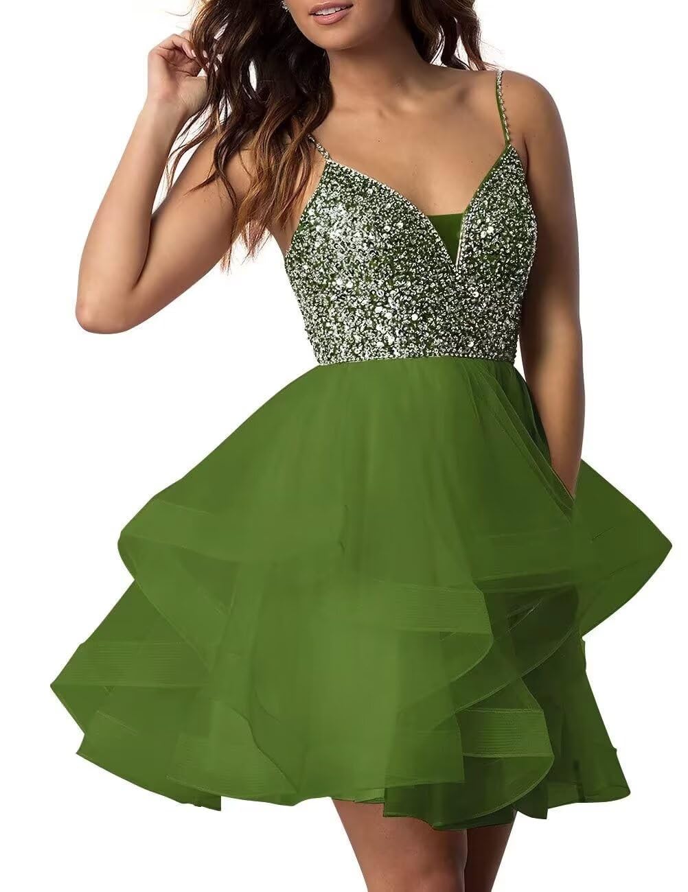 Spaghetti Strap Tulle Homecoming Dresses Sparkly V-Neck Sequin Prom Dress Short Empire Waist A-Line Cocktail Party Gown