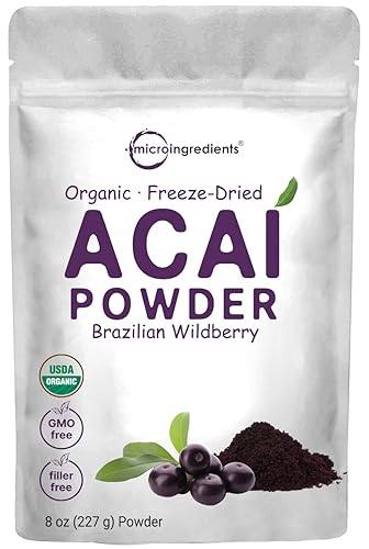 Polvo de acai liofilizado orgánico de 8 onzas, cultivado de forma sostenible en la Amazonia brasileña, pulpa de bayas 100% pura, cruda, a granel,
