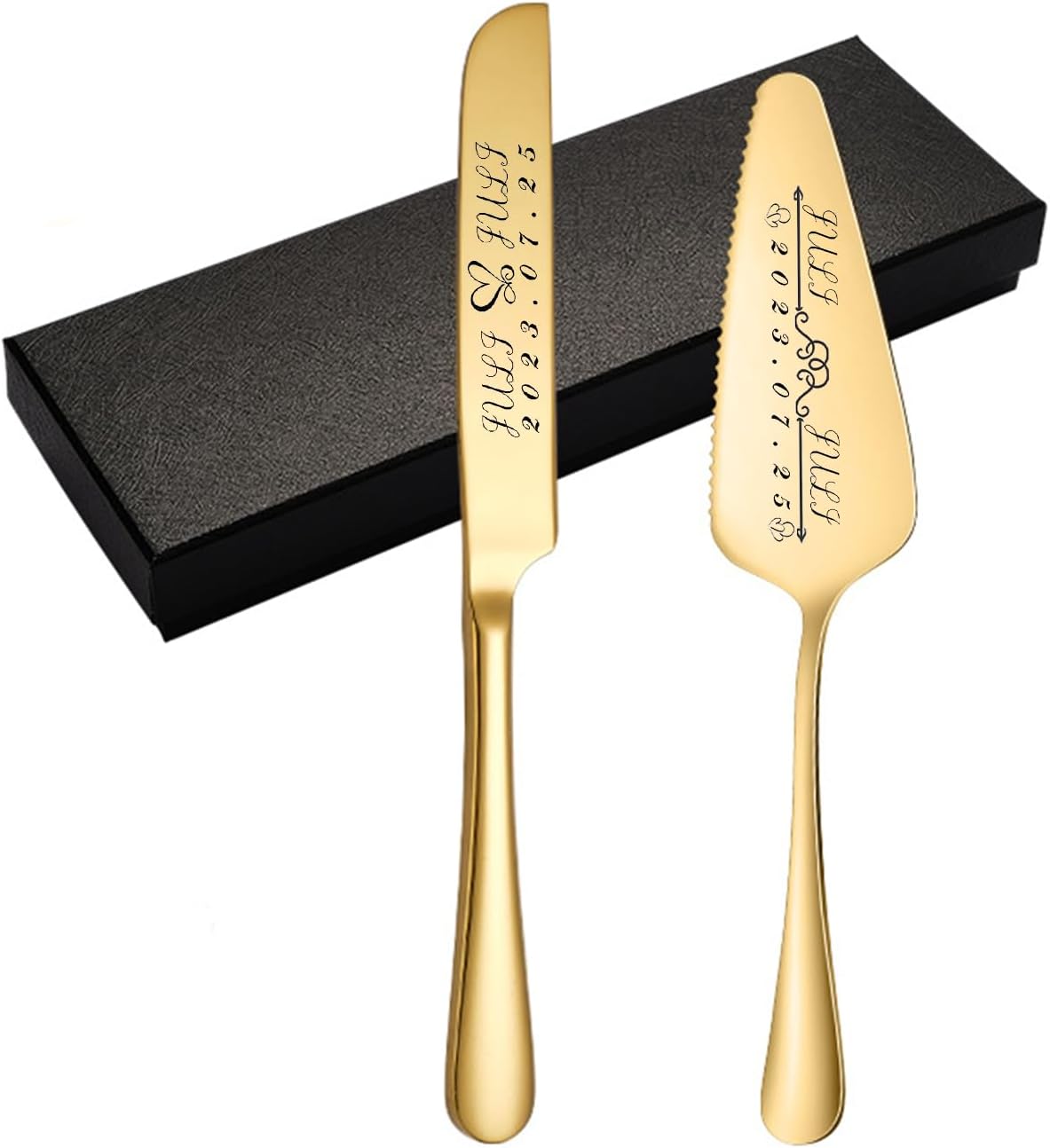 Gorgeous Wedding Cake Knife and Server Set, Gold Decoration, Cake Pie Pastry Cutter and Serving Spatula Set, Premium Party Supplies for Weddings, Birthdays, Anniversaries and Events (Style 5)
