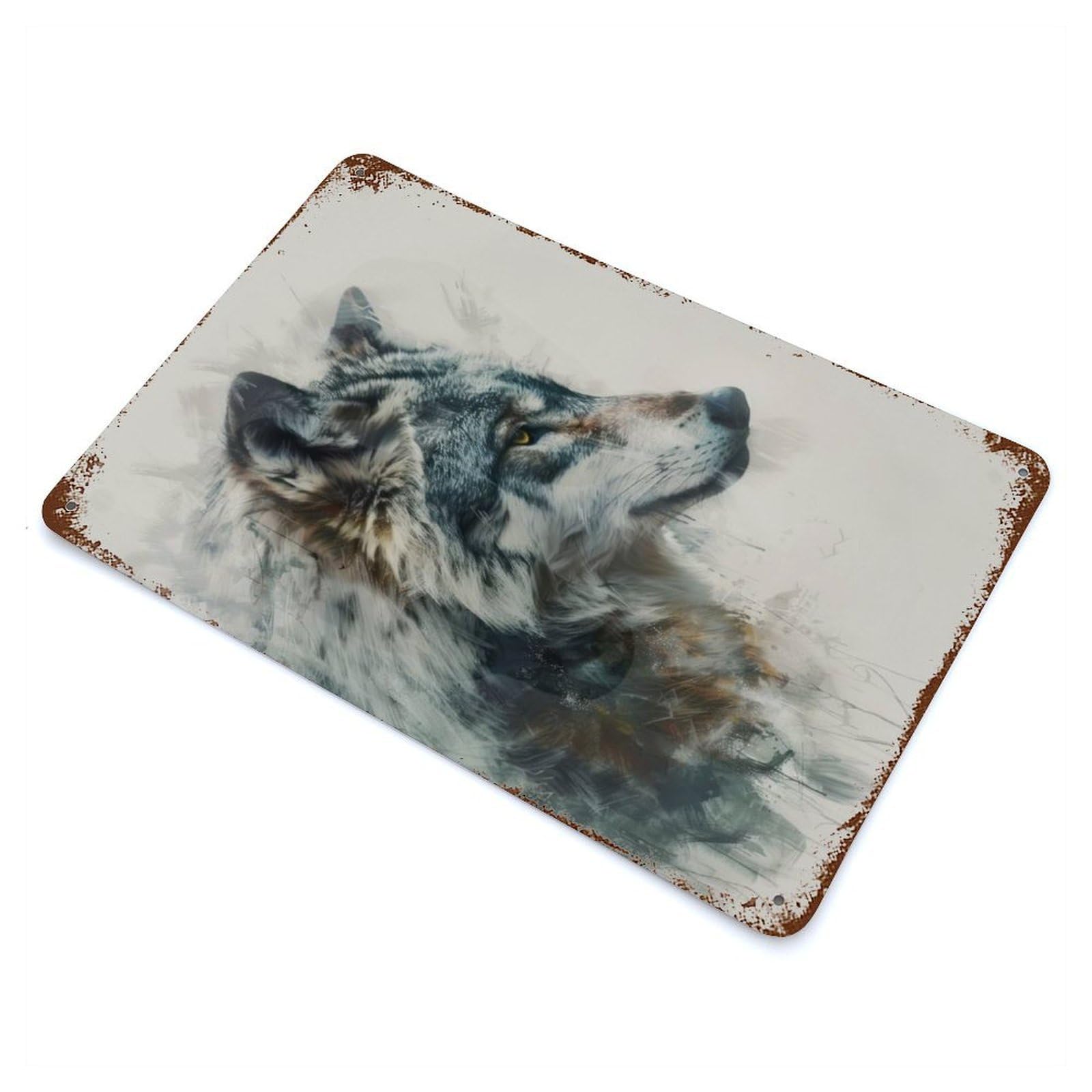 Wolf Watercolor Painting Rust Effect Tin Sign 11.8"x7.9", Ideal for Cafe, Home Bar And Lounge Decor