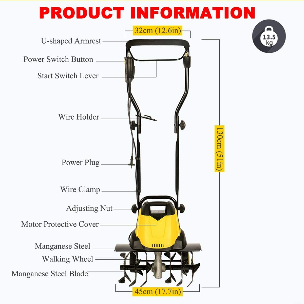 Motozappa elettrica da Giardino, coltivatore Rotavator, 6 Lame, profondità di Lavorazione 22 cm, Larghezza aratro 45 cm, Zappa a Motore Pieghevole (10m Extension Cord)