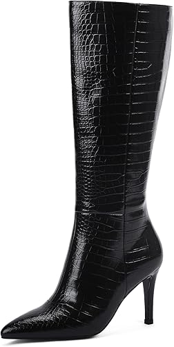 Modatope Knee High Boots Women Tall Boots Pointed Toe Stiletto High Heel Side Zipper Long Boots for Women Faux Crocodile Boots, Not Wide Calf