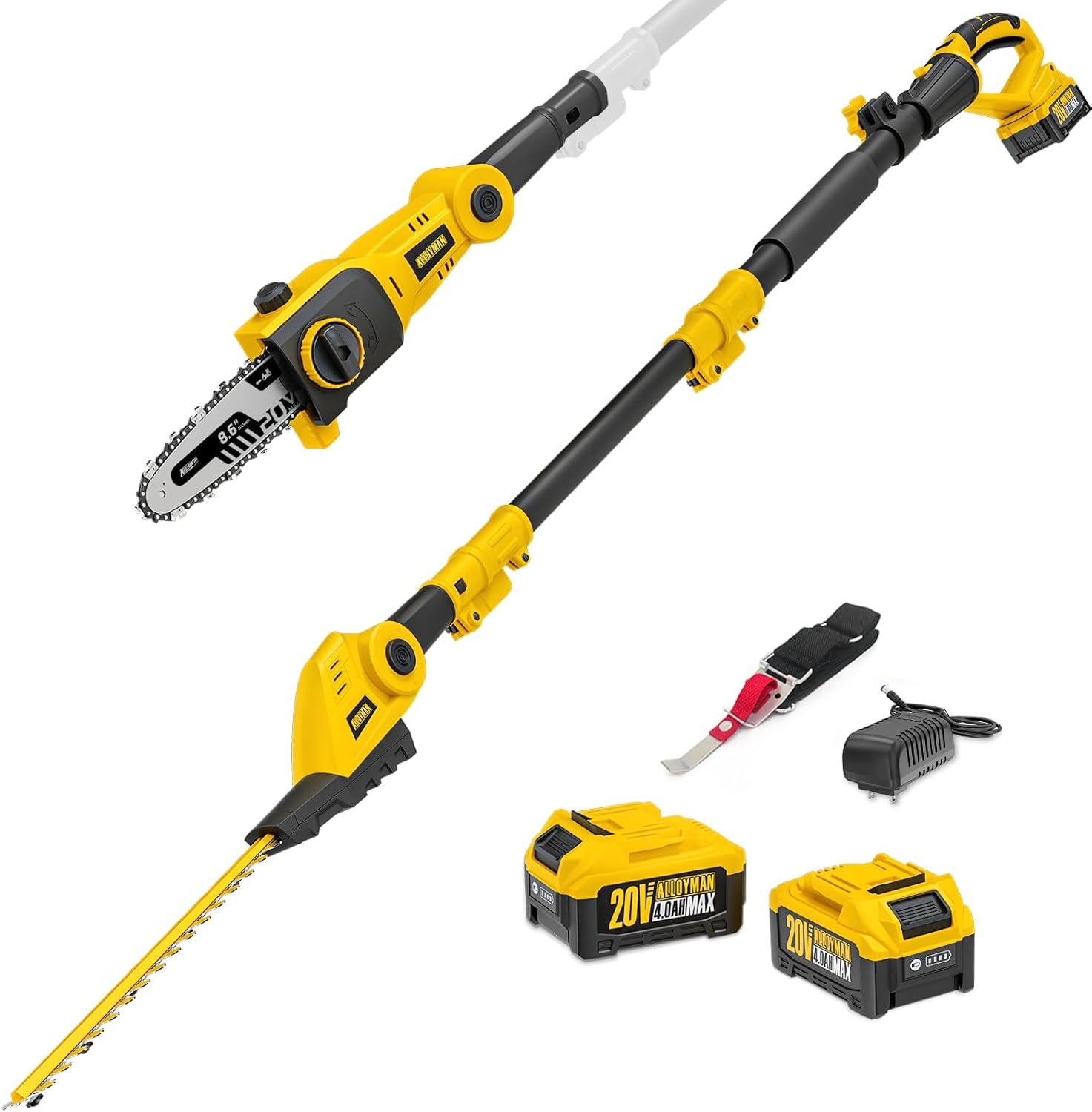 Alloyman 2-in-1 Telescopic Cordless Pole Hedge Trimmer 16-Inch and Pole Saw 8.6-Inch,with 2 Packs 4.0Ah Batteries & Charger,for Tree Trimming and Shrubs Pruning