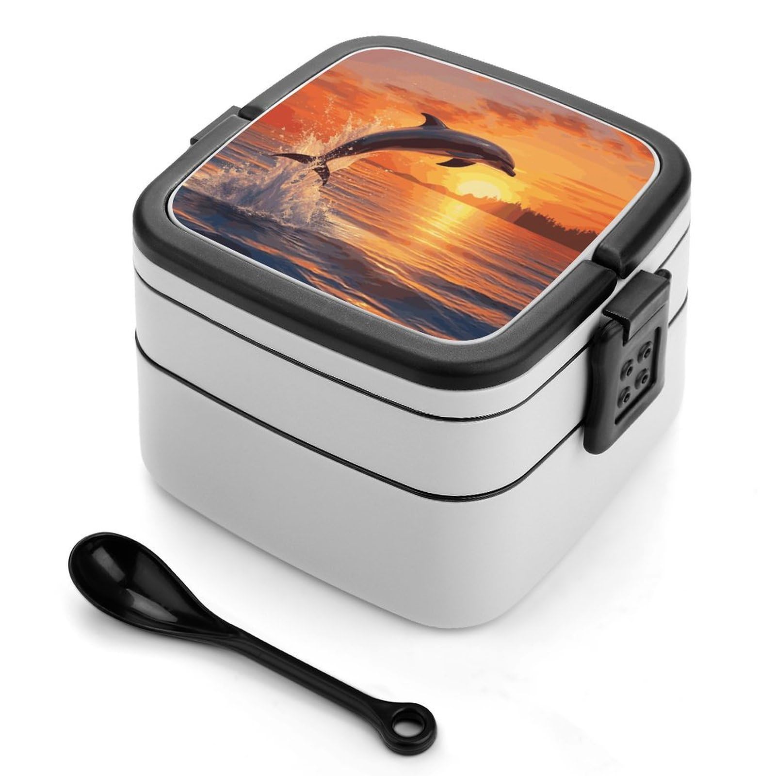 Sunset Dolphin Double Layer Bento Box Modern Minimalist Design Stackable Lunch Box Leak-Proof Rectangle Lunchable Food Container for Family Or Meal Prep Work On The Go