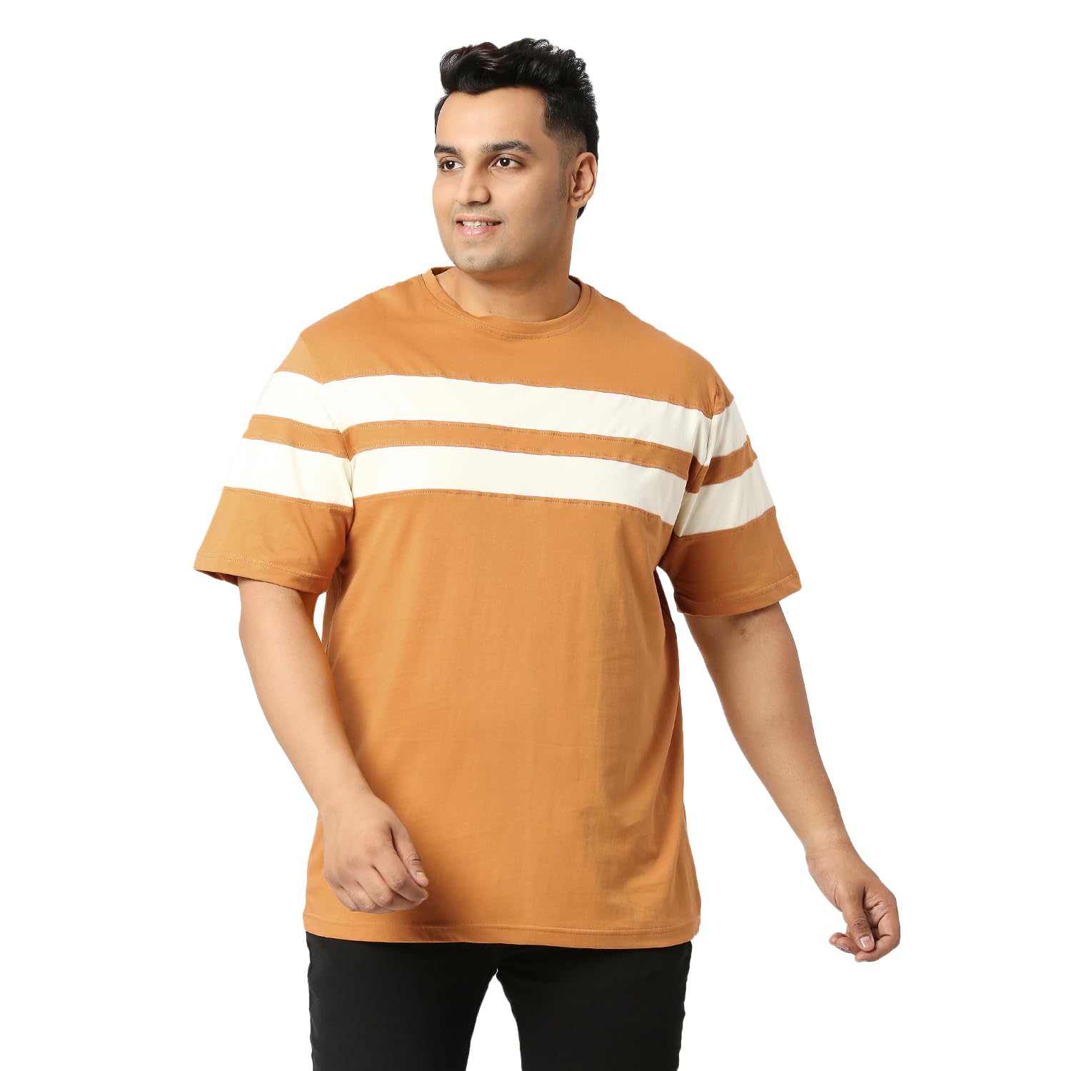 Mens Plus Size T-Shirt - Stripe - Mustard Ivory-image-45