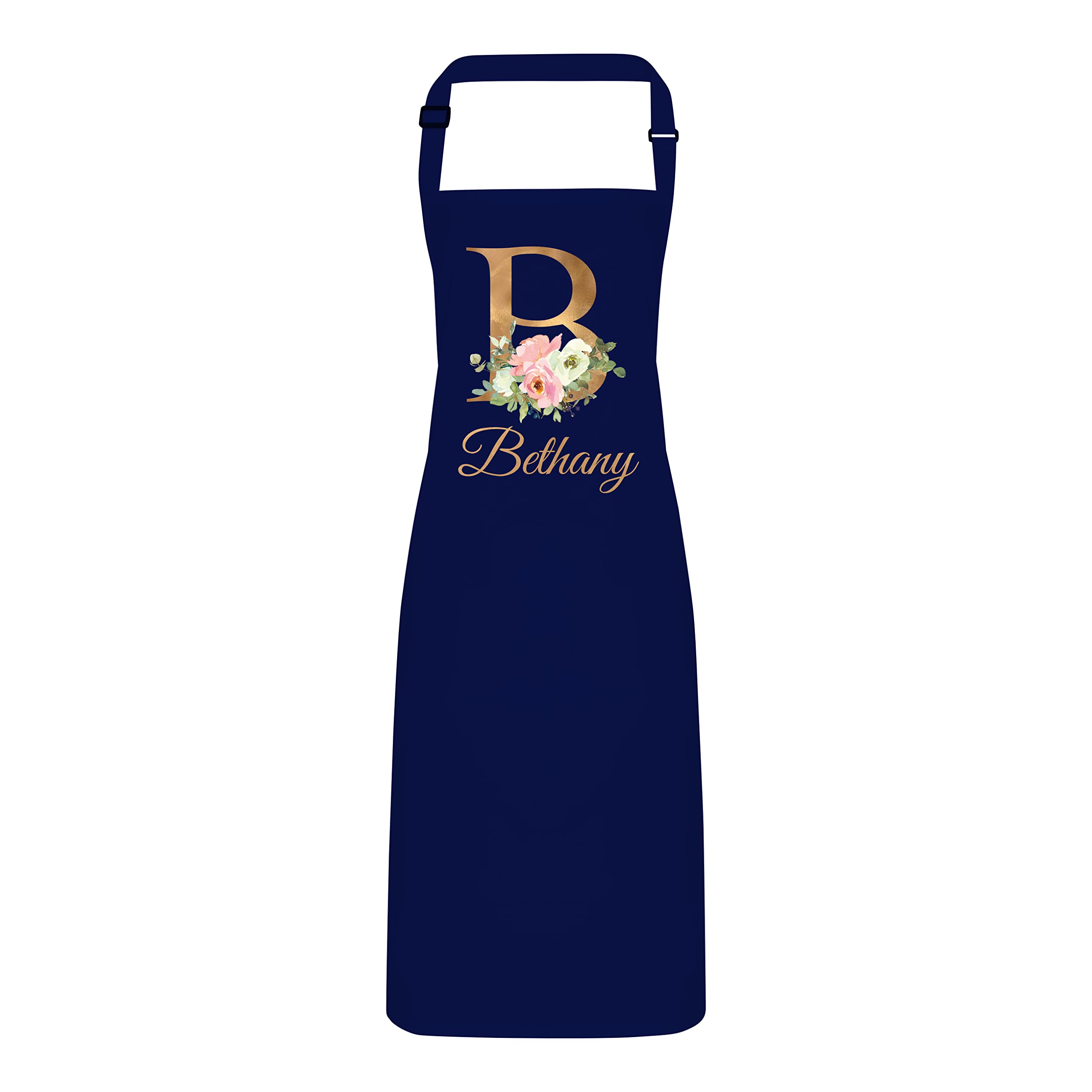 Personalised Floral Gold Initial and Name Apron with Adjustable Neck Strap - Full Colour Print (Navy Blue)