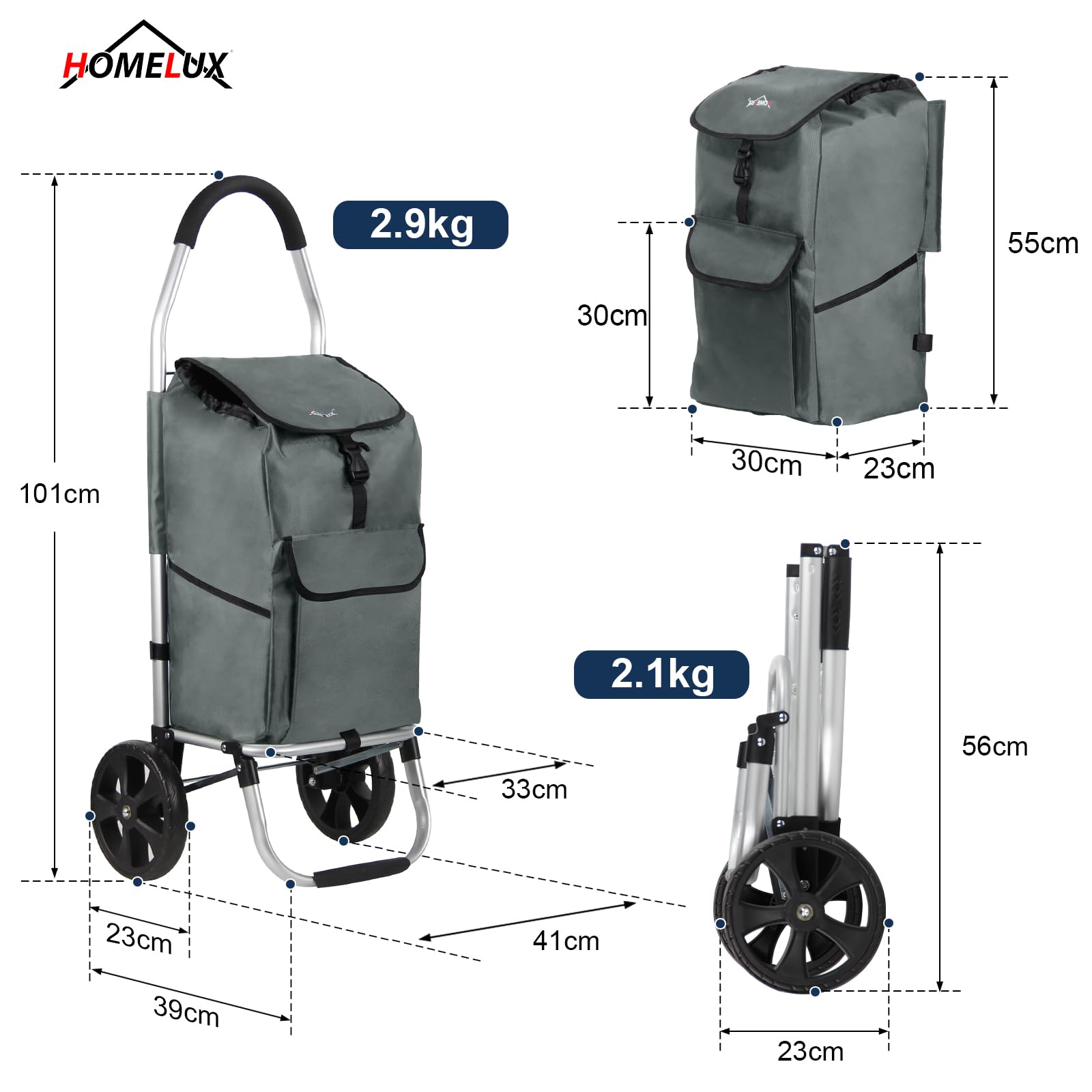 Einkaufstrolley, HOMELUX klappbar, Stabiler Einkaufswagen, große Kapazität 41 L, multifunktional, Handwagen mit Rollen, Abnehmbare Tasche, Grau 243