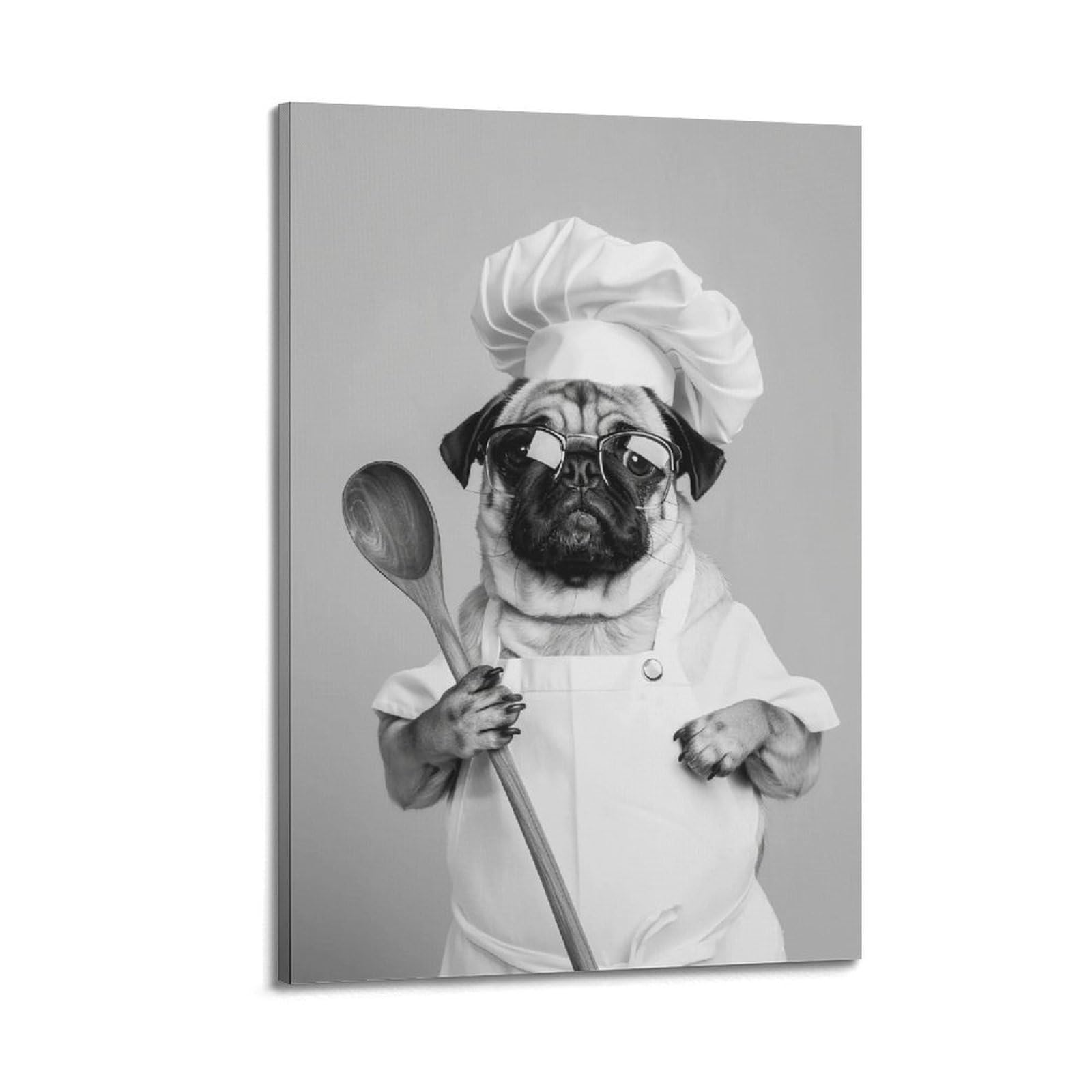 HUERYRYHY Chef Pug Monochrome 04 Poster Wall Art Canvas Vintage Aesthetic Painting Decor for Rooms 20x30inch Frame-style