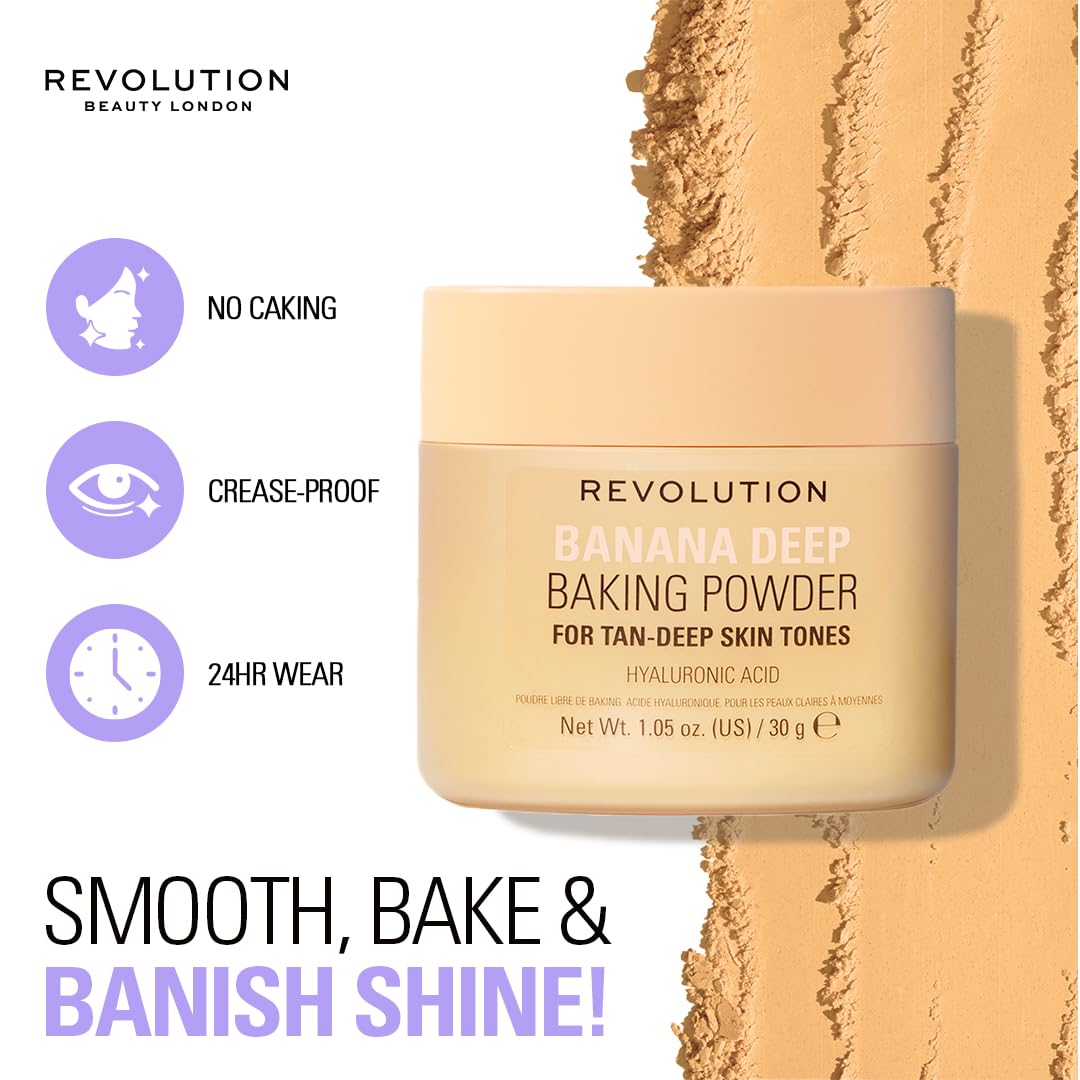 Makeup Revolution Luxury Loose Baking Powder β Banana Deep | Mattifies, Brightens & Sets Makeup | Controls Oil & Shine | Suitable for Medium to Deep Skin Tones | 32g