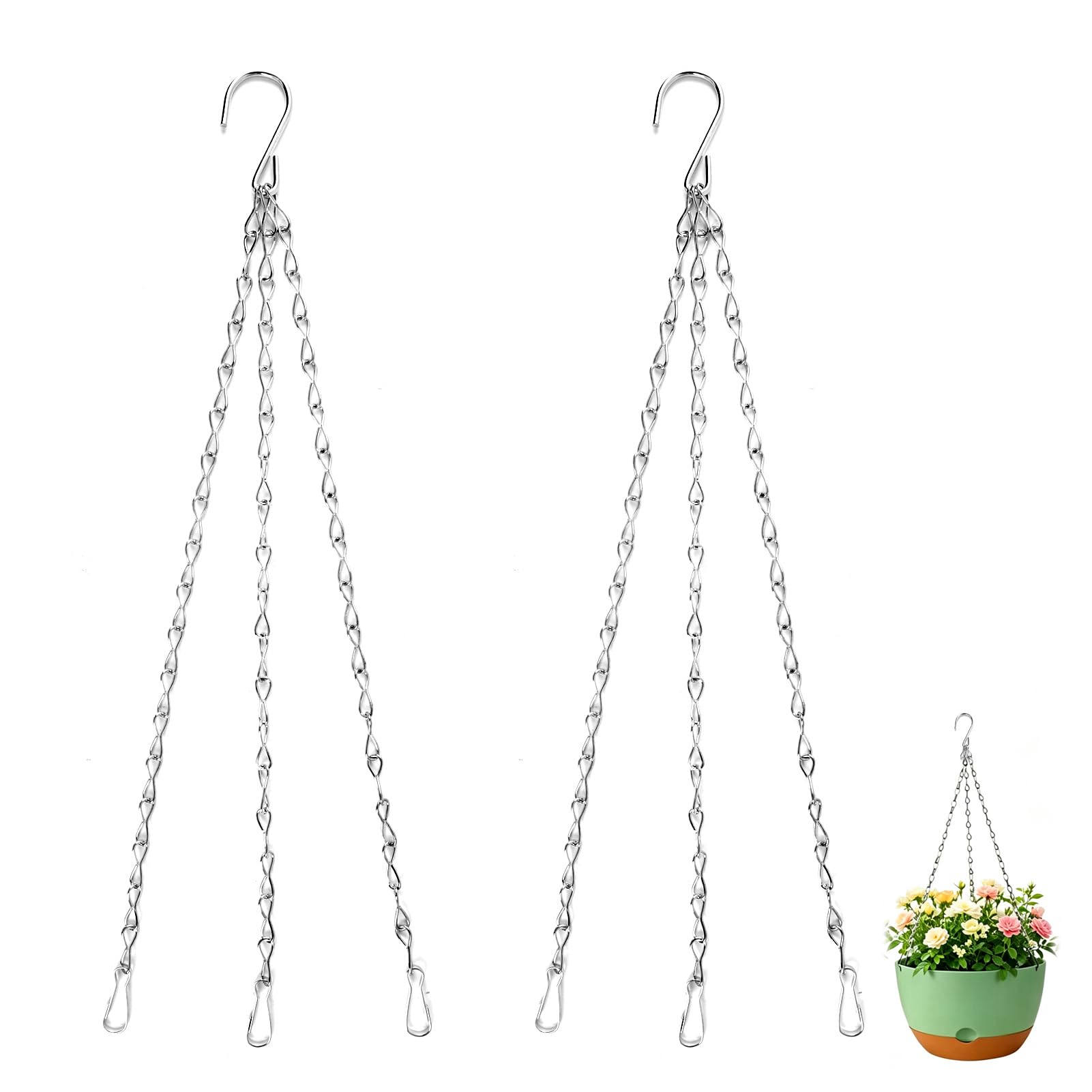 Guline 2 Pack Hanging Basket Chains 40cm 3-Point Heavy Duty Metal Replacement Chain for Hanging Baskets Planters Bird Feeders Lanterns Outdoor Garden Decor Silver