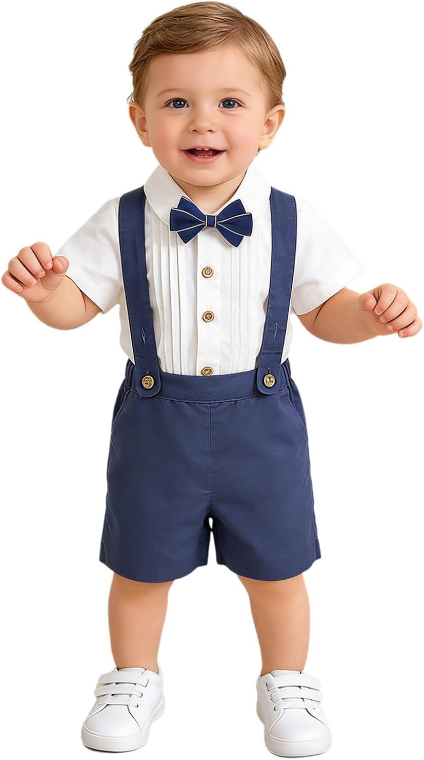Toddler Formal Wear Suspenders Shorts and Bow Tie Shirt for Christening Ceremony