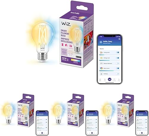 Miniatura 8 de WiZ Connected Lámpara de filamento transparente A19 blanco sintonizable, 2700K - 5000K, control inteligente con aplicación WiZ, compatible con