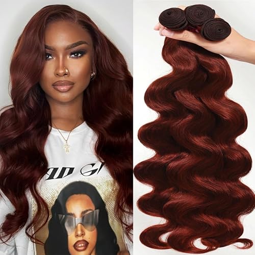 UNICE Reddish Brown Body Wave Human Hair Weave 3 Bundles 16 18 20 inch, Brazilian Remy Hair Auburn Brown Copper Red Human Hair Wavy Weaves for Sew in Extensions 33B Color
