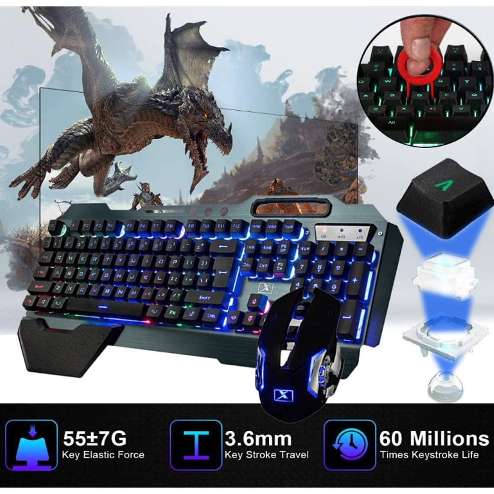 Teclado y ratón inalámbricos para juegos,ratón recargable con retroiluminación arco iris con panel de metal de batería de 3800 mAh, teclado mecánico extraíble y ratón de silencio para juegos