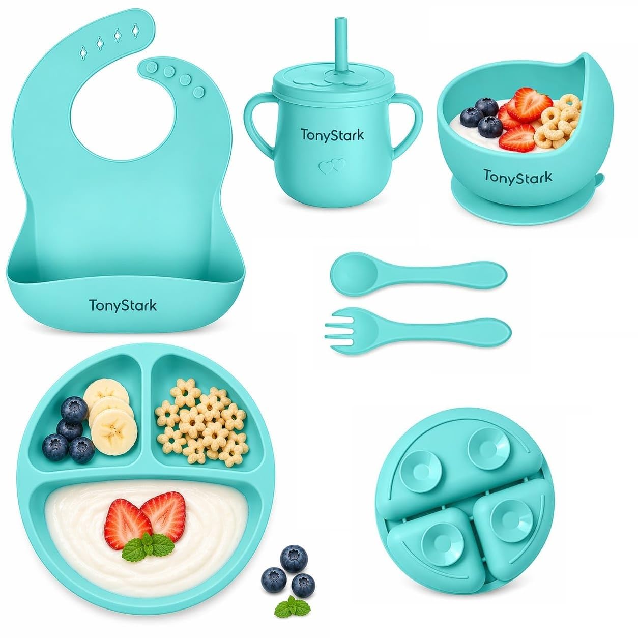 Tony Stark 7 Pcs Silicone Baby Feeding Set Bpa-Free,Microwave Safe,Anti-Slip Base | Complete Tableware Kit for Babies & Toddlers with Suction Plate,Bowl,Cup, Spoon,Fork & Bib (Green)-image-10