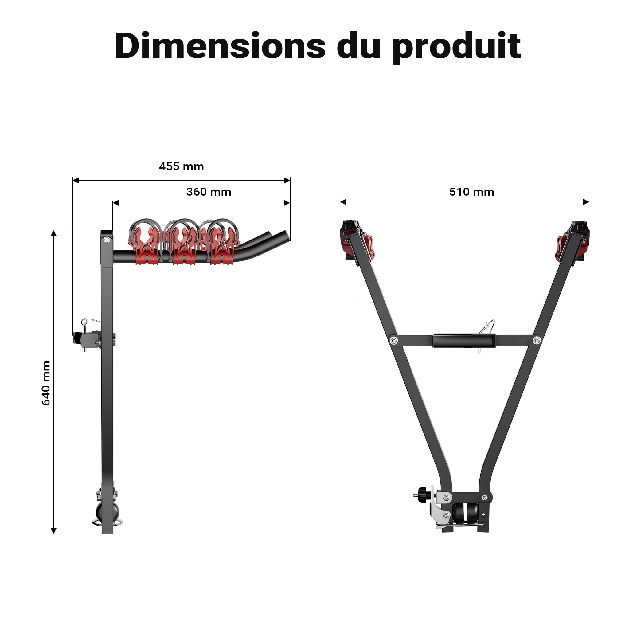 Wiltec Porte vélos d’attelage – capacité 3 vélos, 45 kg – en Acier Q235 – pour Boule d’attelage – vélos Tout Terrain, VTT, VAE, vélos électriques – avec Sangles en Nylon
