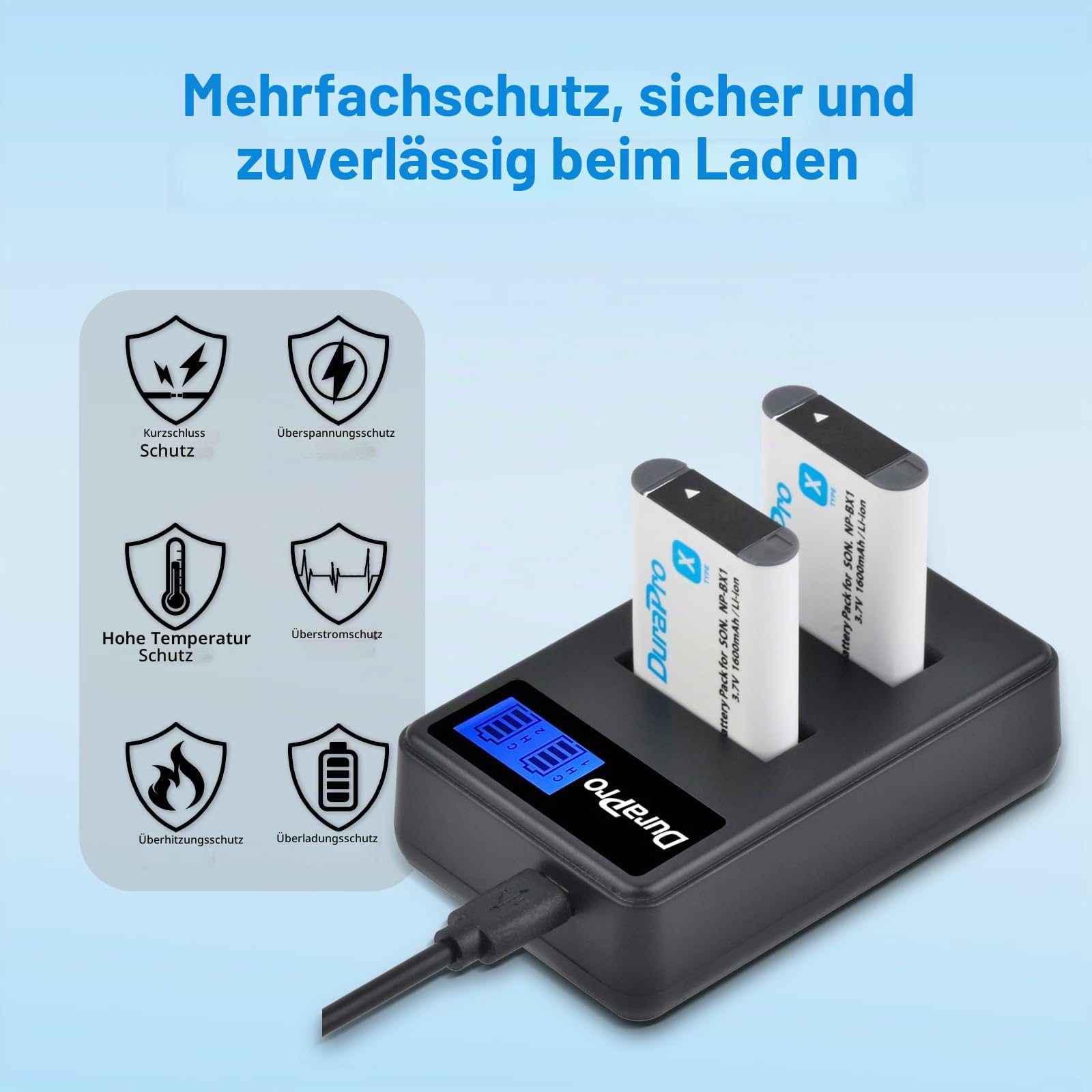 Durapro 4X NP-BX1 Akku + LCD Dual USB Ladegerät für Sony NP-BX1 Akku Sony DSC-RX100 RX100 II DSC-WX500 HX300 HX400V WX300 WX350 HDR AS100v AS200V AS15 AS30V AS300 M3 M2 Camcorders