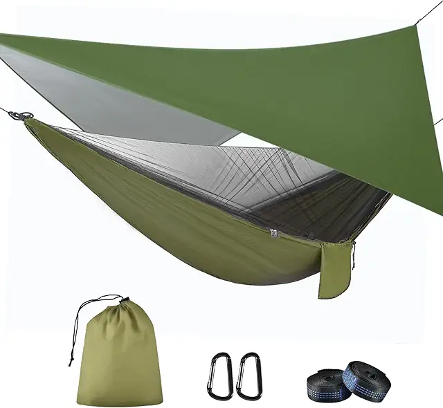 Hamac Camping OTraki avec Moustiquaire et Bâche, 200kg Capacité, Vert