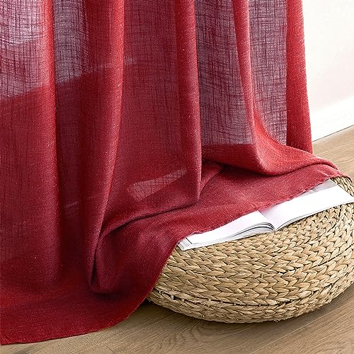MIULEE Burgundy Red Short Curtains 63 Inch Length 2 Panels for Kitchen Bedroom, Christmas Soft Thick Linen Textured Living Room Window Drapes Semi Sheer Light Filtering Back Tab Burlap Look Decor