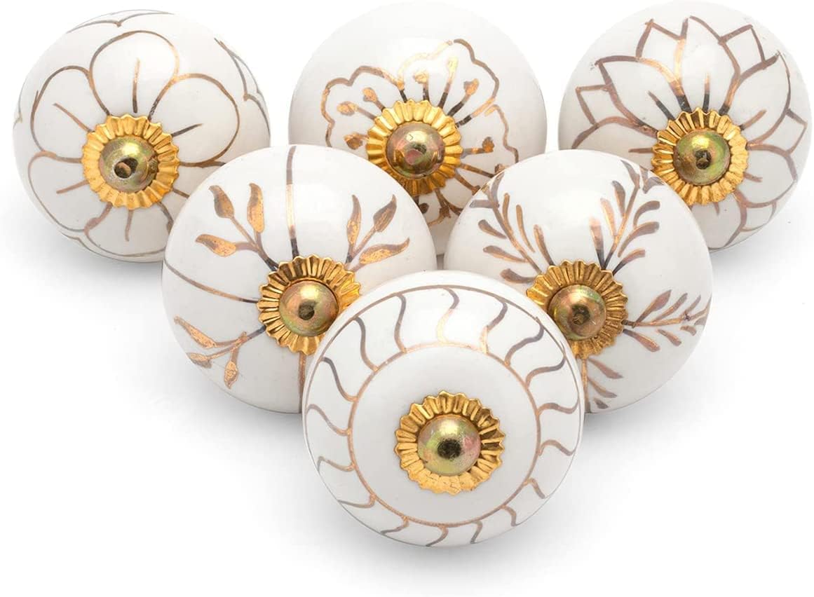 Vintage Hand Painted Ceramic Pull Knobs for Kitchen Cabinet Door and Drawer Wardrobe Cupboard Set of 15 White and Gold