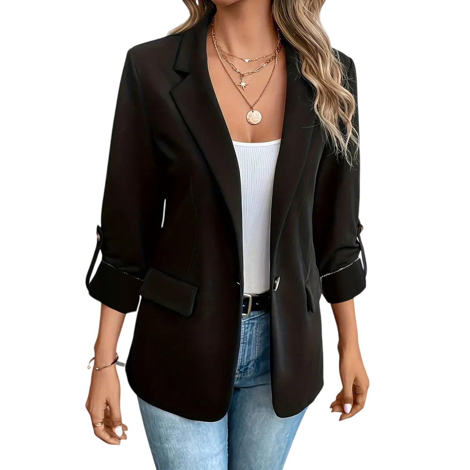 Blazers for Women Business Casual Long Sleeve Office Work Suit Jackets Light Open Front Cardigan with Fake Pockets