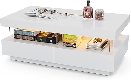 Miniatura 24 de Mesa de centro LED moderna, mesa de centro blanca de alto brillo con luces LED de 16 colores, mesa de centro rectangular contemporánea para sala de