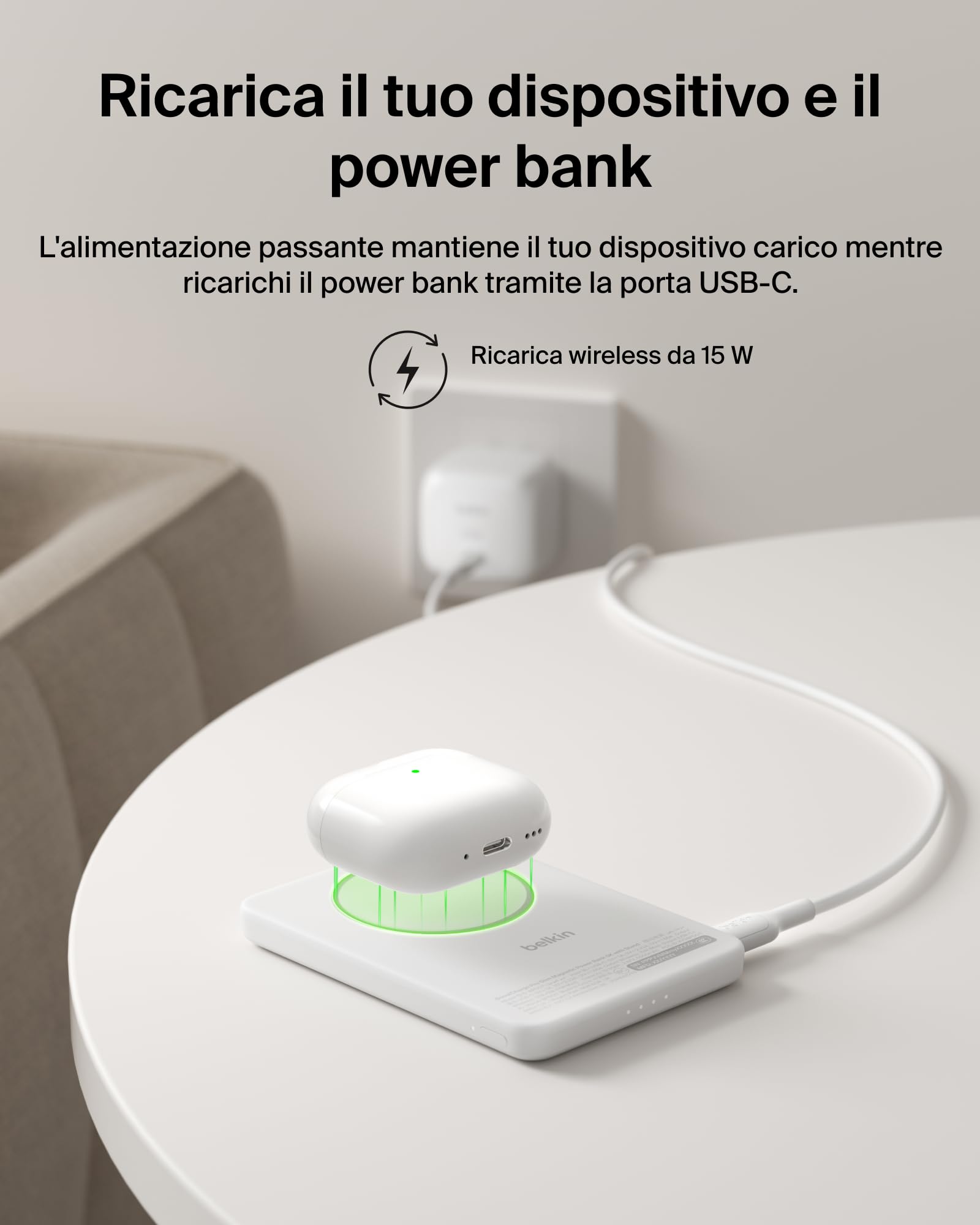 Belkin BoostCharge Power Bank Magnetico Sottile 5000mAh, Supporto - Bianco | Caricatore Portatile 5000mAh Wireless Qi2, Anello Magnetico, 1 USBC, Pre-Caricato, Leggero, Cavo Incluso, Sicuro per l'Aereo