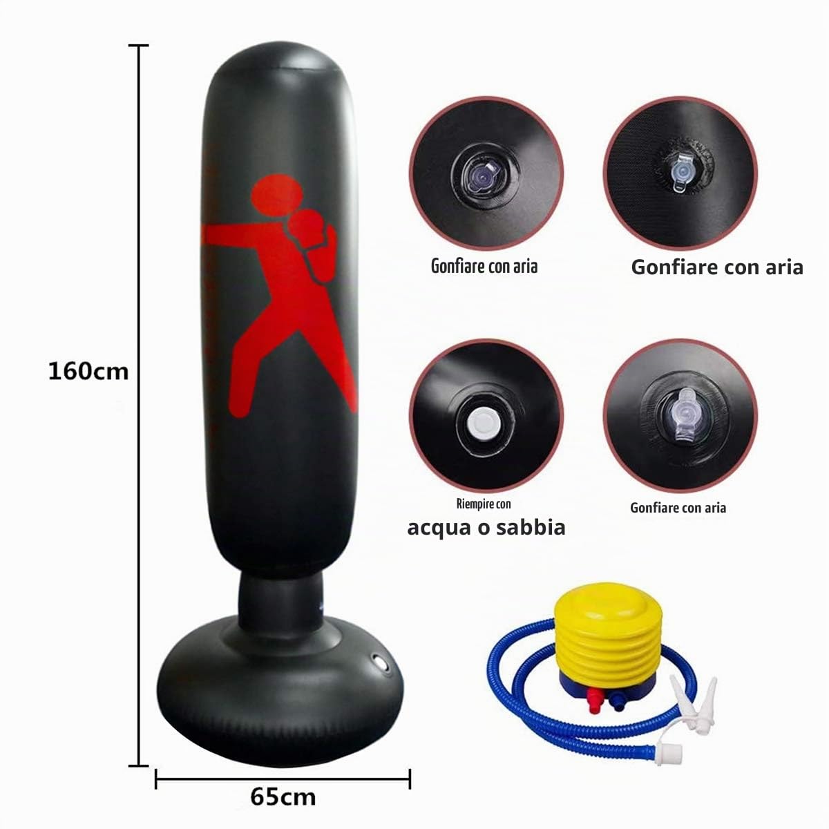 sacco da boxe bambini 160 cm sacco da boxe da terra per bambini Sacco da sabbia per colonna gonfiabile da appoggio gonfiabile Sacco da kickboxing per allenamento con pompa ad aria a pedale