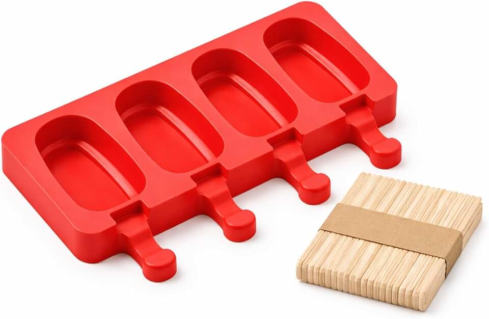 Forma de Picolé Silicone 4 Cavidades + 50 Palitos de Madeira, Molde para Fazer Sorvete Caseiro, Forma Reutilizável Antiaderente para Picolé, Geladinho e Sobremesas (Vermelho)