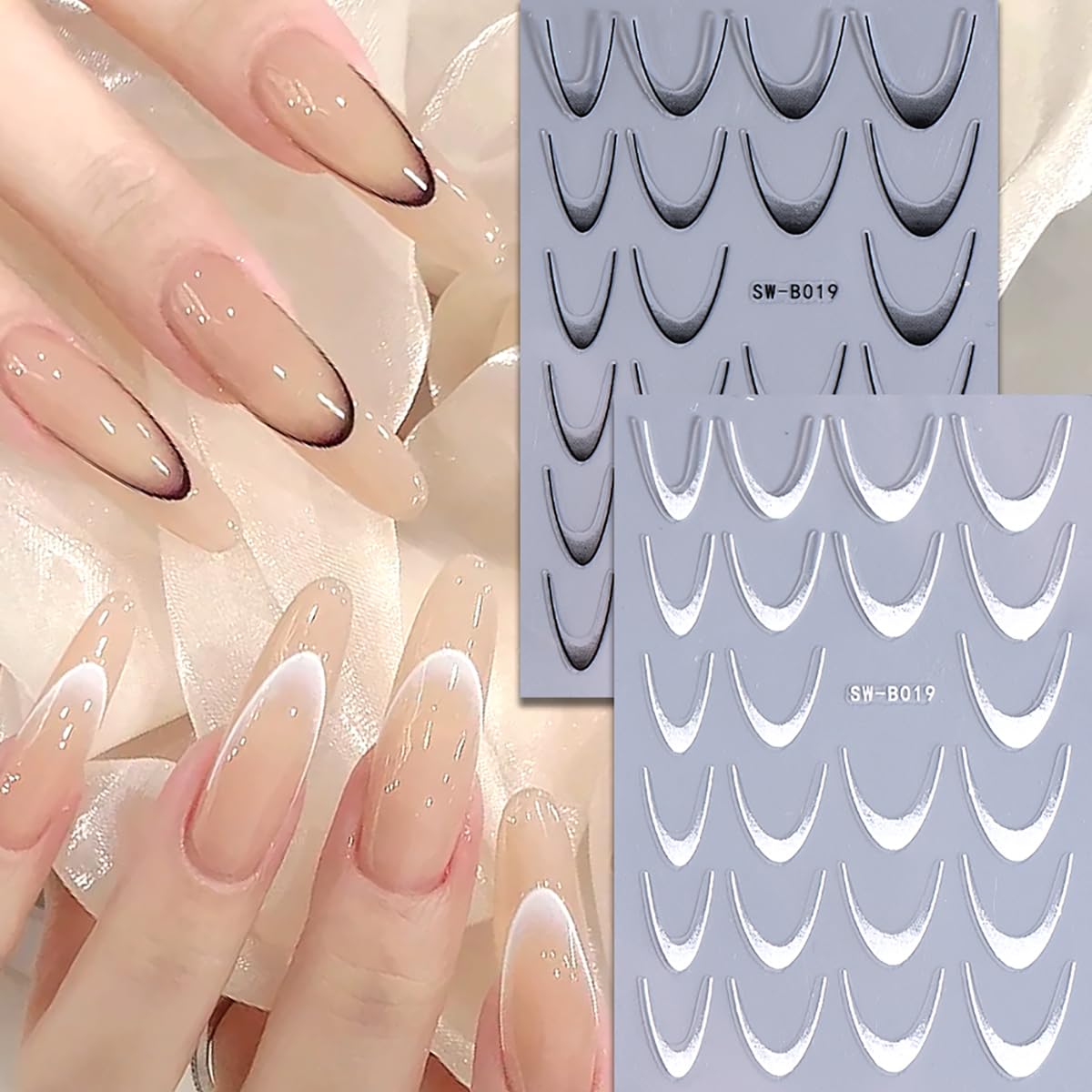 French Tip Nail Stickers - 3D Self-Adhesive Spring & Autumn Acrylic DIY Nail Charm Decoration for Women & Girls - 6 Sheets