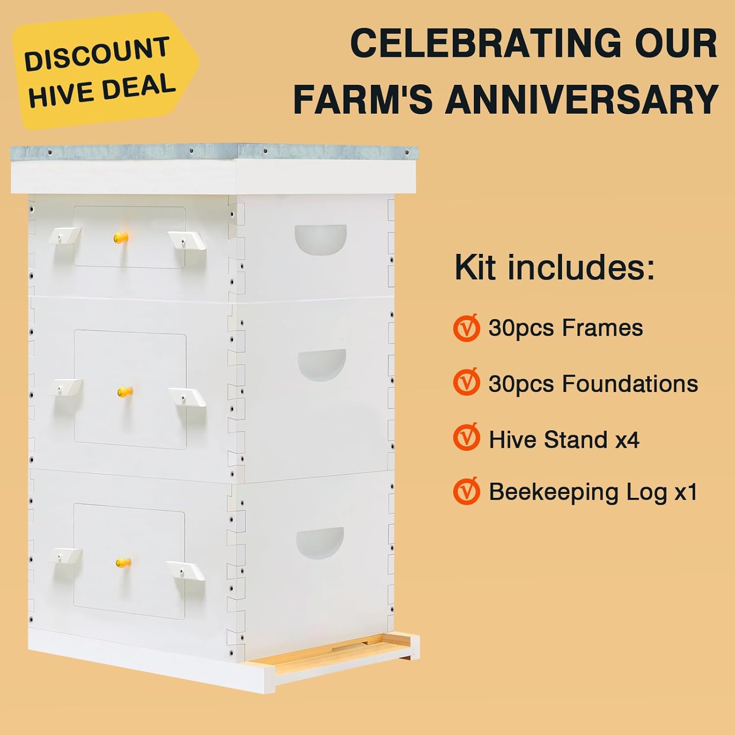 Hand Painted Bee Hive with Windows, 10 Frame Beehive Frames Bee Hive Box with Beehive Frames and Foundations （ 1 Medium & 2 Deep Brood Box ）
