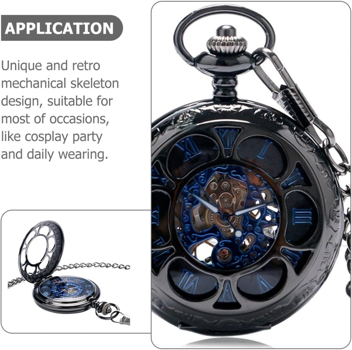 LIFKOME Mechanical Skeleton Pocket Watch with Chain Retro Black Alloy Roman Numerals Pocket Watch for Men Hollow Vintage Suitable for Daily Wear