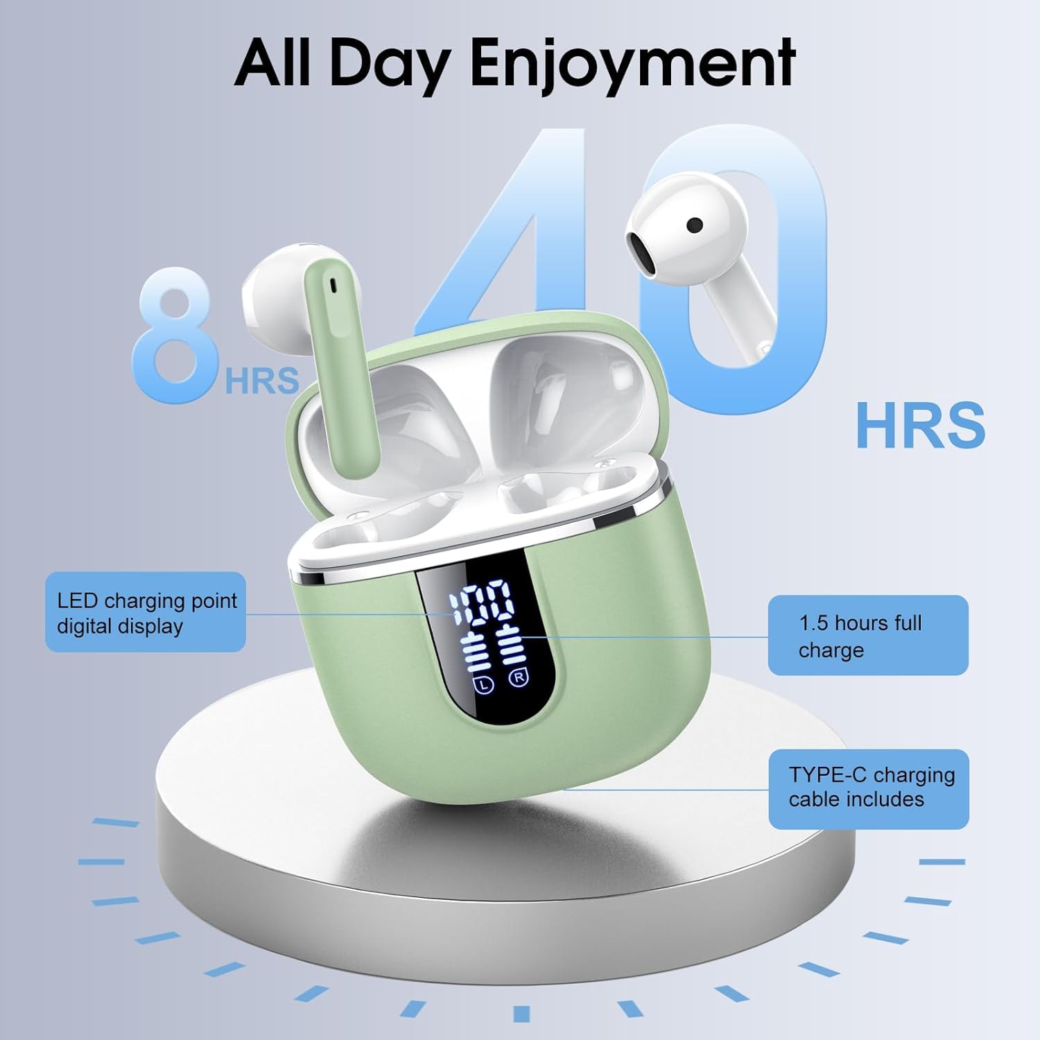 Wireless Earbuds, Bluetooth Ear Buds 5.4 Mini HiFi Stereo with 4 ENC Noise Cancelling Mics Wireless Headphones, 40H in Ear Earphones, USB C, IP7 Waterproof Bluetooth Headphones for Sports, Green — view 4