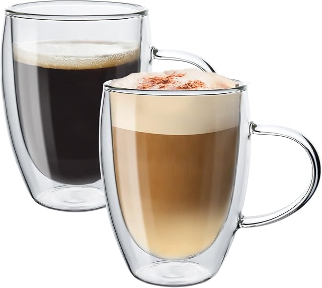 ALIMOTA 350ml Glass Coffee Cups, Insulated Double Walled Coffee Glasses Set of 2, Heat Resistant Cup Drinking Glasses with Handle, Microwave Safe Glass Coffee Mugs, Cappuccino Latte Espresso Cups