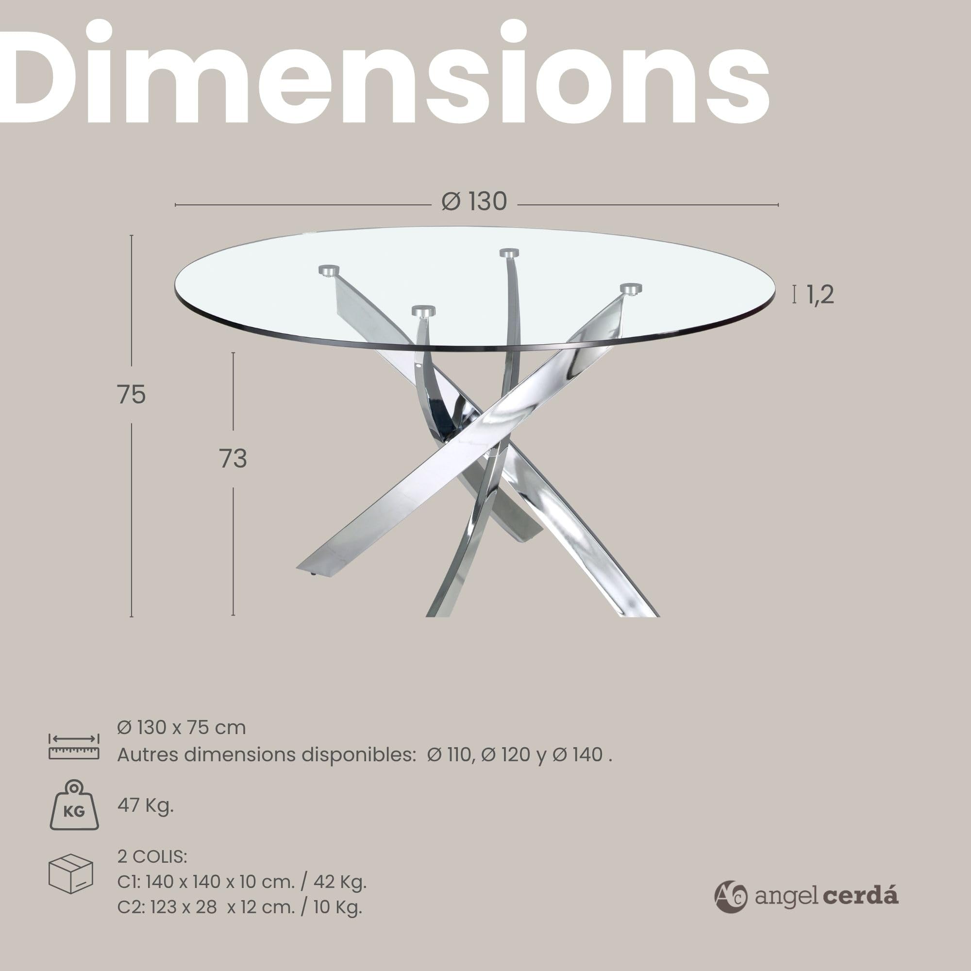 Table de salle à manger ronde Angel Cerdá 1061 en verre trempé transparent et pieds en acier inoxydable chromé, Ø 130 x 75 cm
