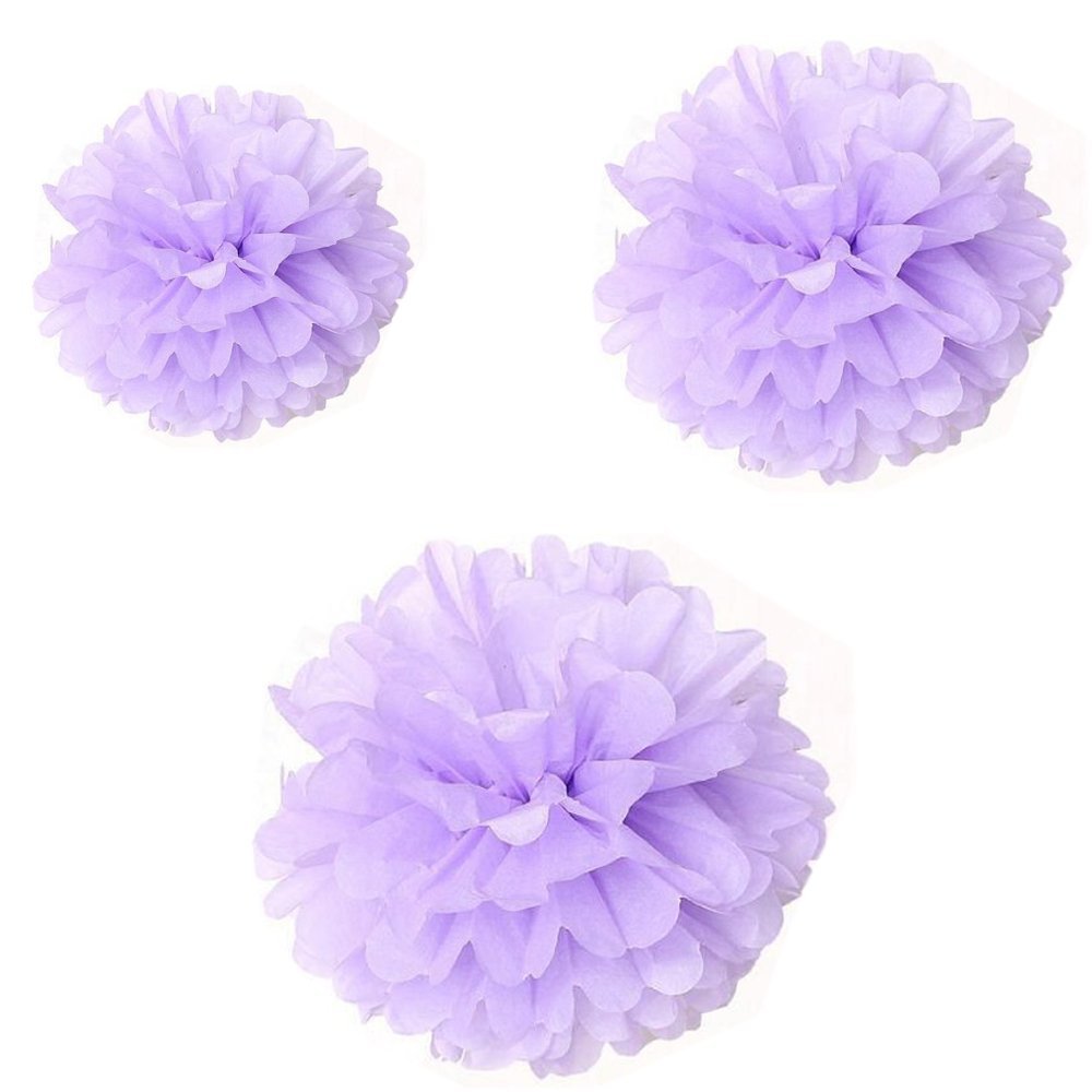 Saitec 12pcs Mixed 3 Sizes White Lavander Tissue Paper Pom Poms Flower Wedding Party Baby Girl Room Nursery Decoration