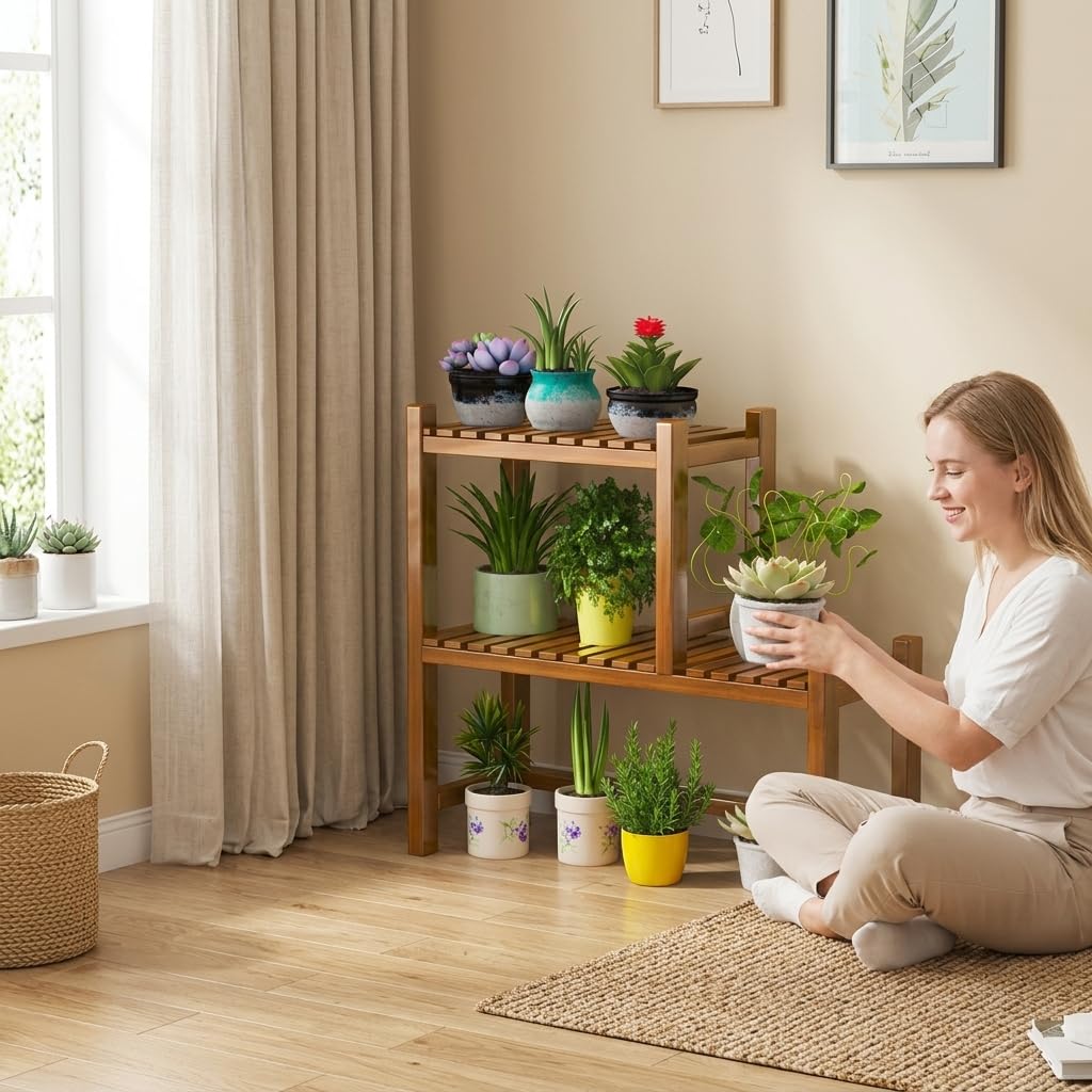 Support Plantes en Bambou avec sign Escalier Élégant pour Présenter Fleurs Bonsaïs Plantes Retombantes Rangement Supplémentaire pour Objets Décoratifs , Couleur thé , 15cm