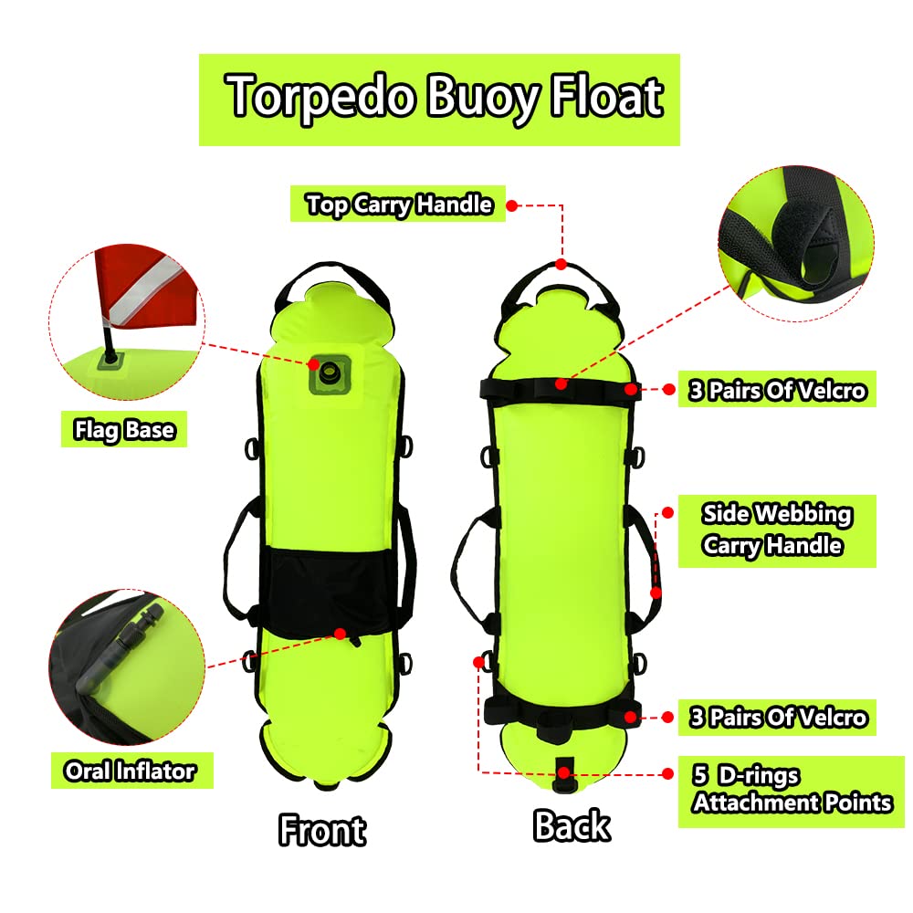 NC Bouée torpedo pour plongée sous-marine, pêche à la lance, plongée en apnée, plongée avec tuba et natation avec drapeau de plongée (jaune fluo)