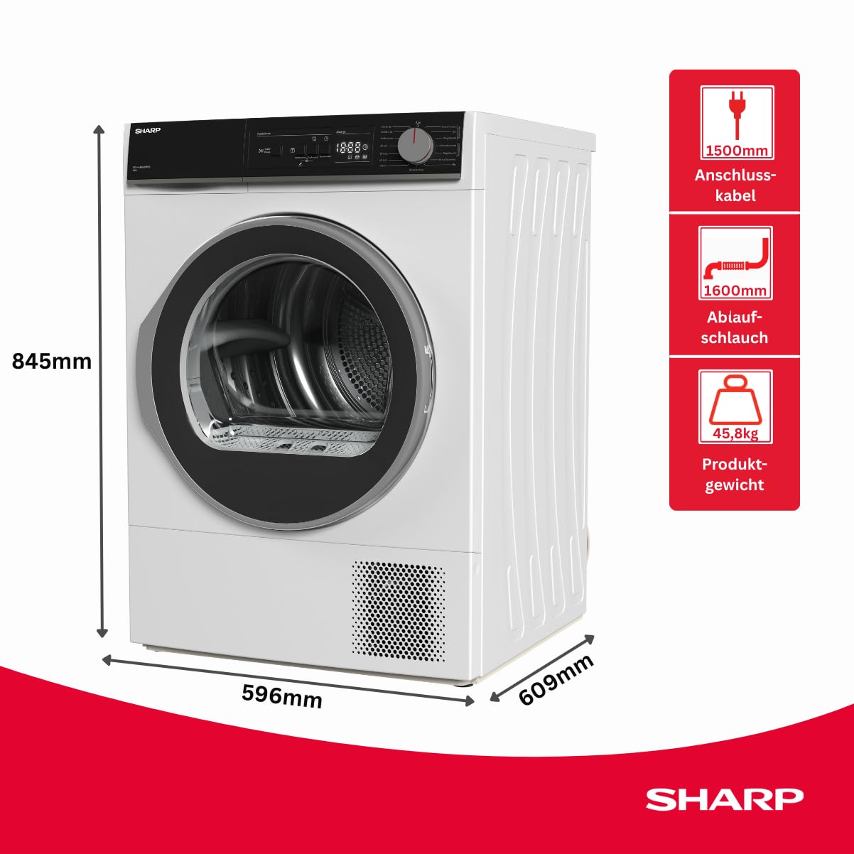SHARP KD-NHA8S6GW1D-DE Wärmepumpentrockner (8 kg, EEK D), (15 Trockenprogramme, 20 Min. Kurzprogramm, Edelstahltrommel mit LED-Beleuchtung), Weiß